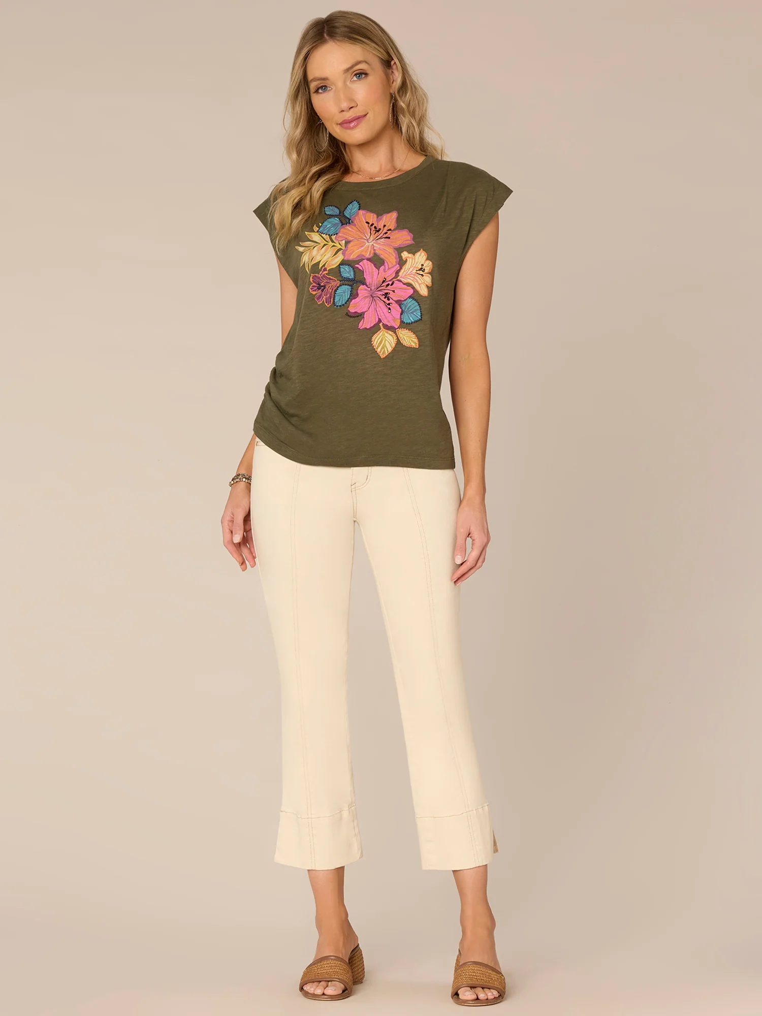 Origami Sleeve Scoop Neck Floral Screen Print Knit Top with Ruching - Legahigh
