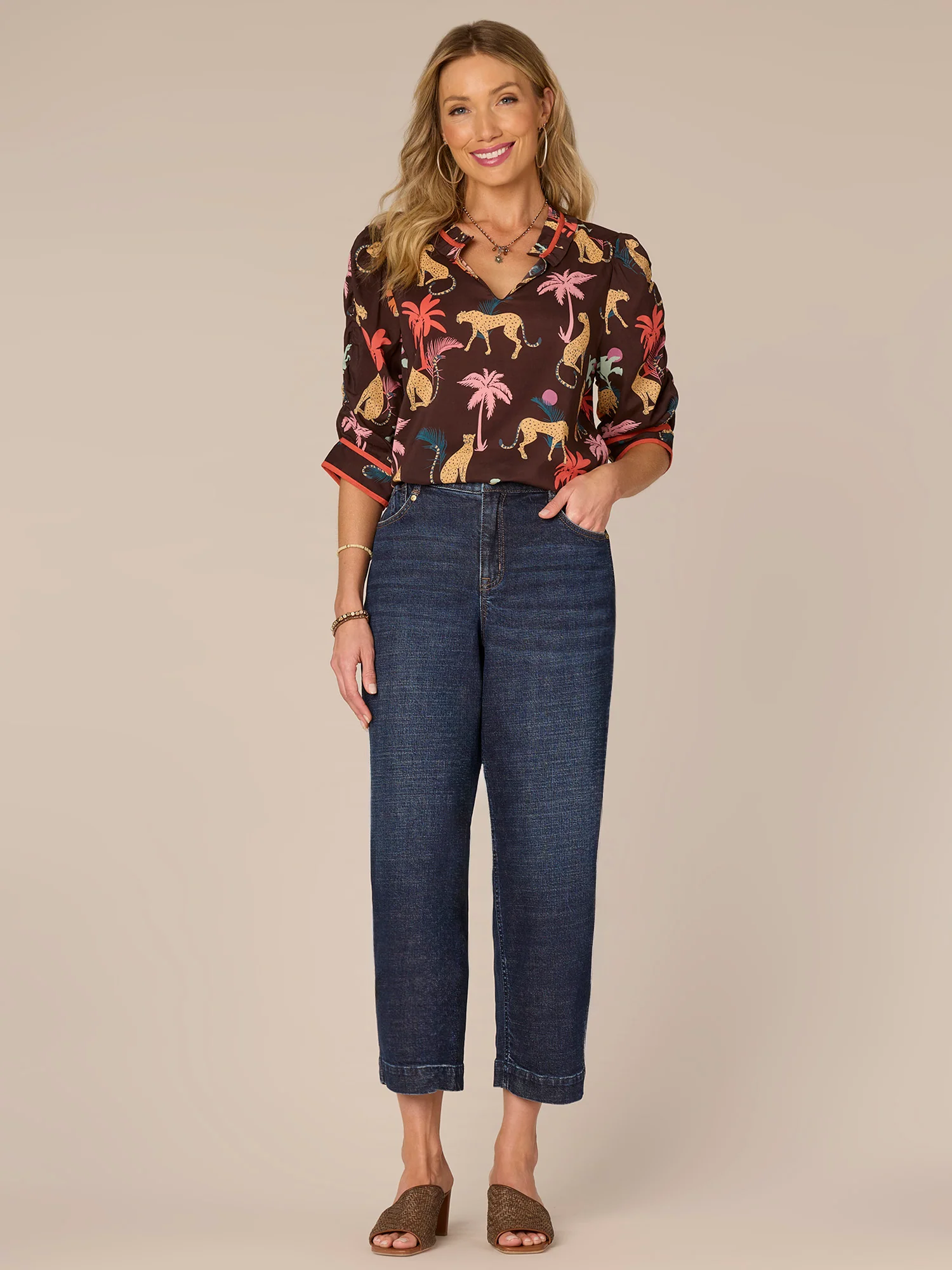 Below Elbow Ruched Sleeve Split Neck Printed Petite Woven Top - Legahigh