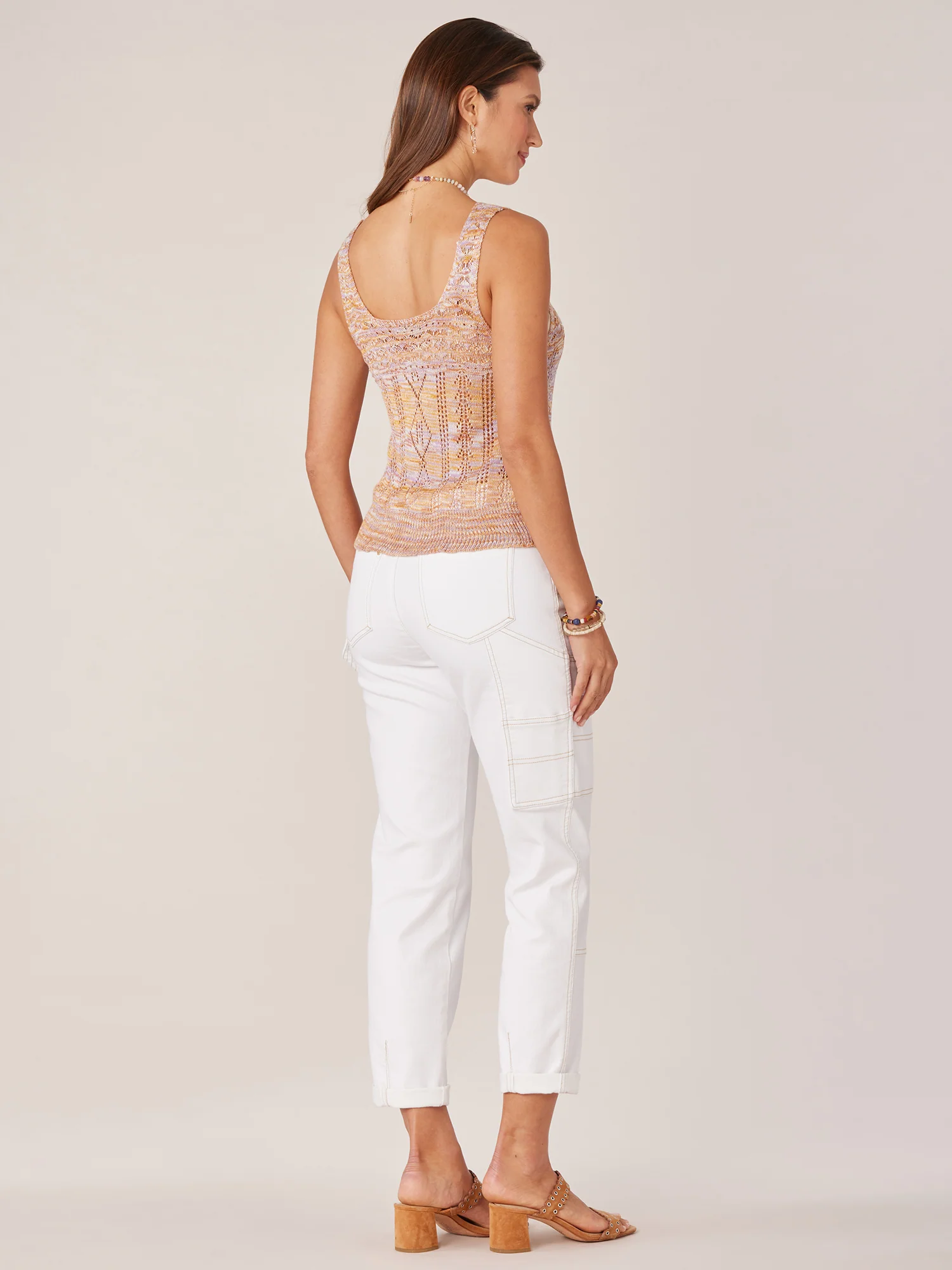 Sleeveless Deep Scoop Neck Pointelle Space Dye Flounce Hem Sweater - Legahigh