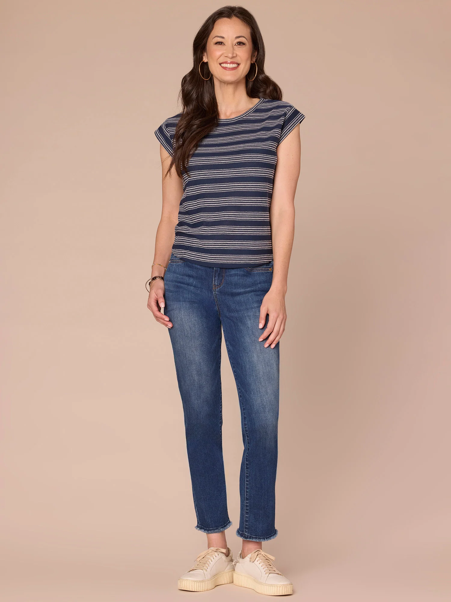 Cap Sleeve Scoop Neck Embroidered Stripe Knit Top - Legahigh