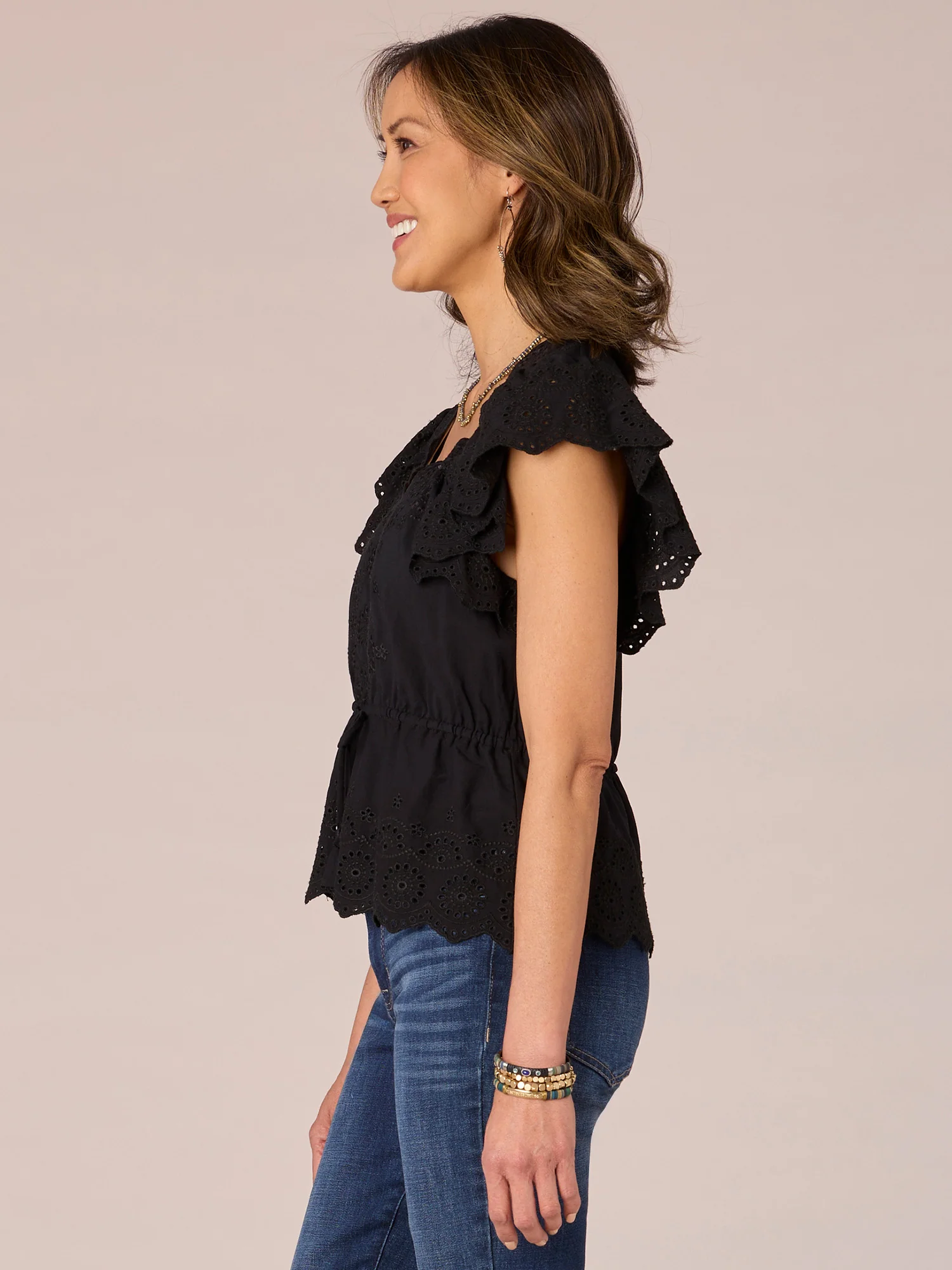 Short Flounce Sleeve V-Neck Embroidered Peplum Woven Top - Legahigh