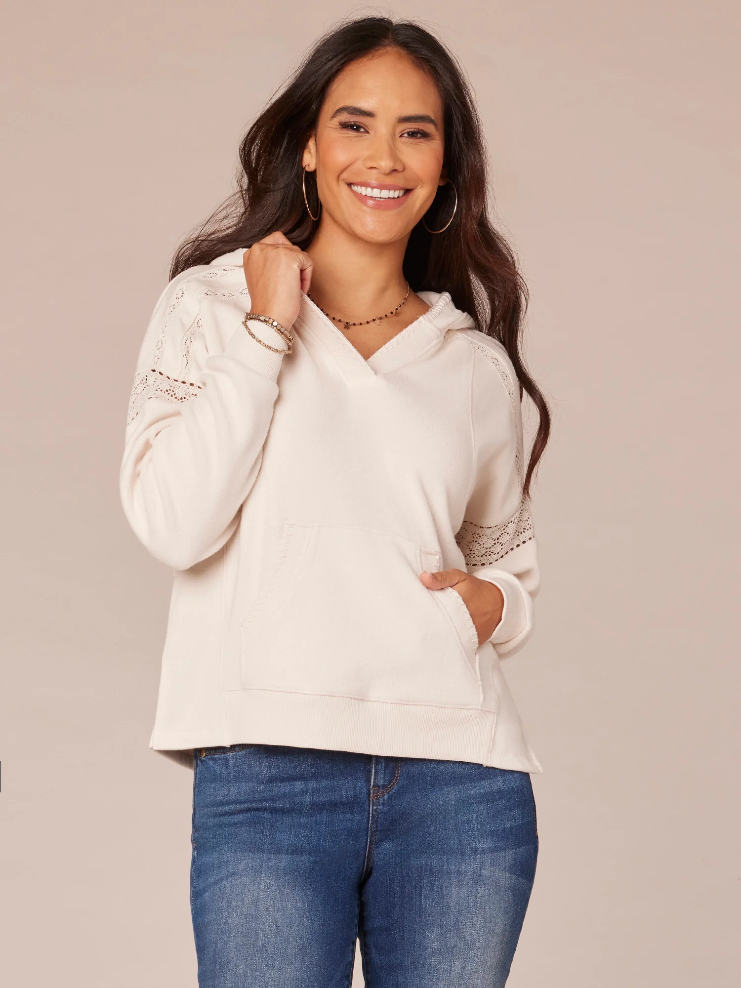 Long Sleeve Half Placket Mixed Media Knit Hoodie with Blanket Stitch - Legahigh