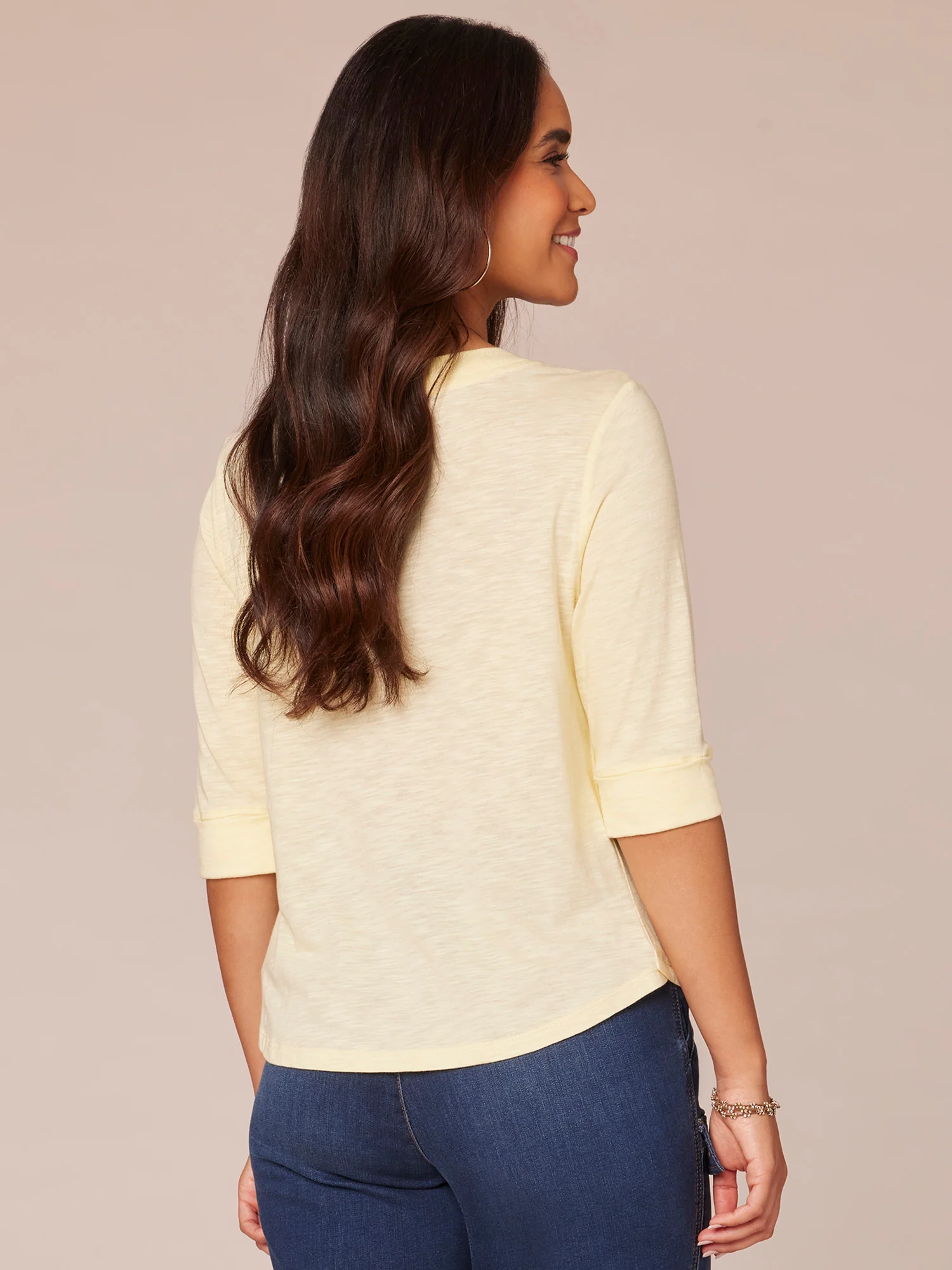 Elbow Roll Cuff Sleeve Split V-Neck Surplus Hem Knit Top - Legahigh