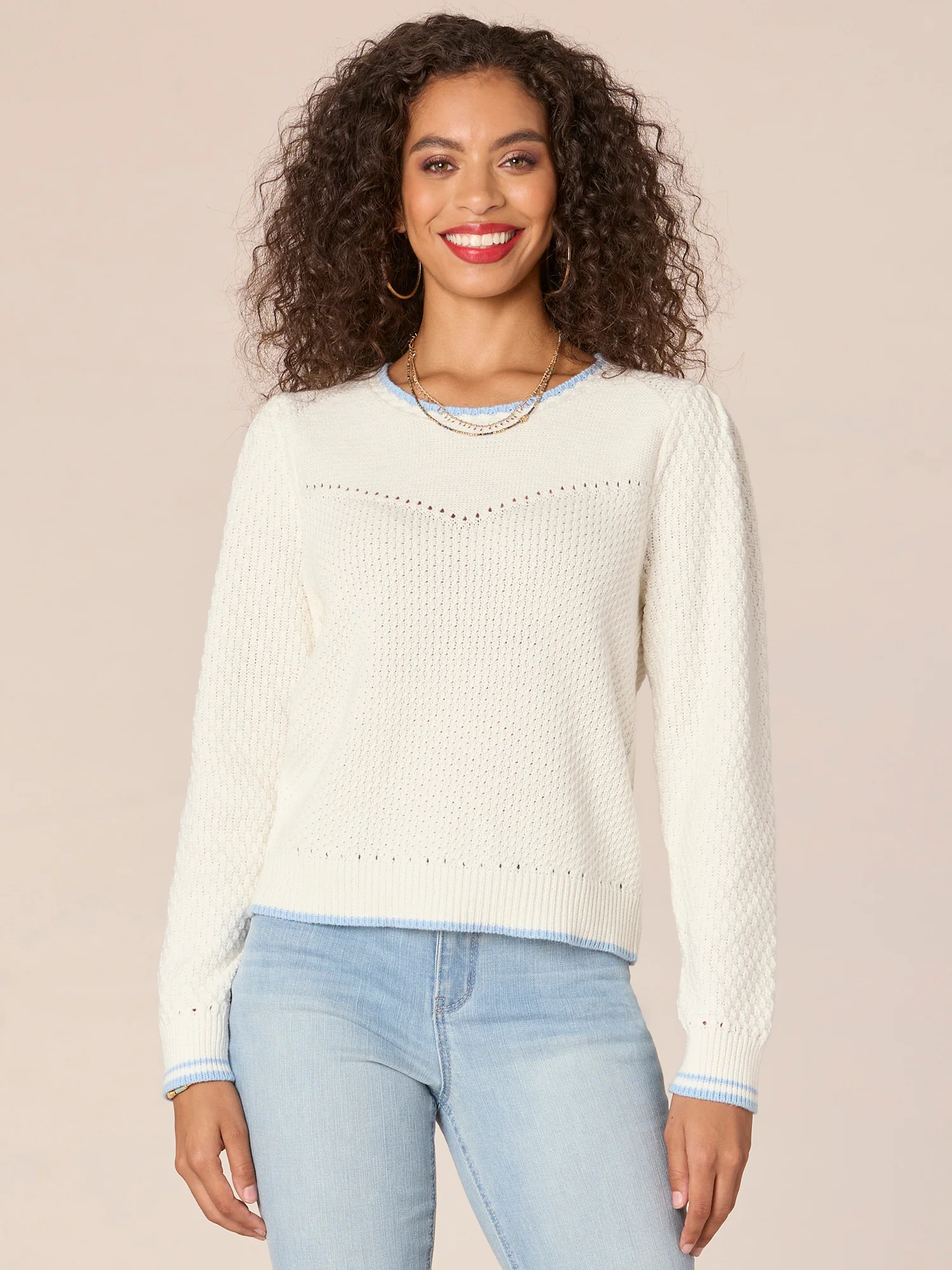 Long Puff Sleeve Round Neck V-Yoke Mixed Stitch Sweater - Legahigh