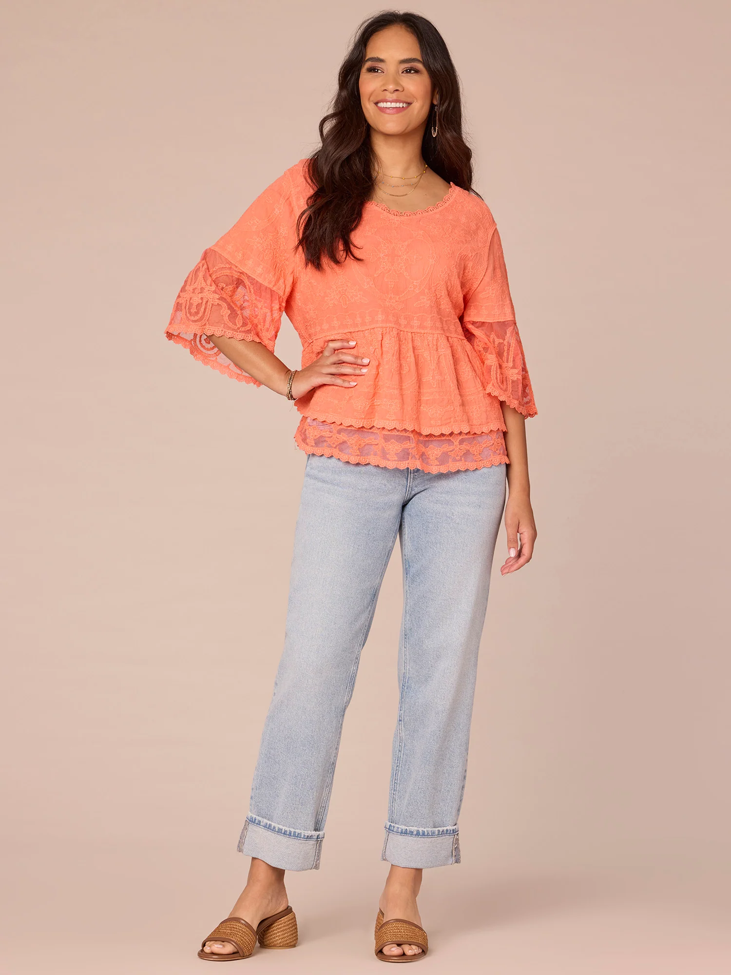 Three Quarter Bell Sleeve Scoop Neck Double Flounce Hem Woven Top - Legahigh