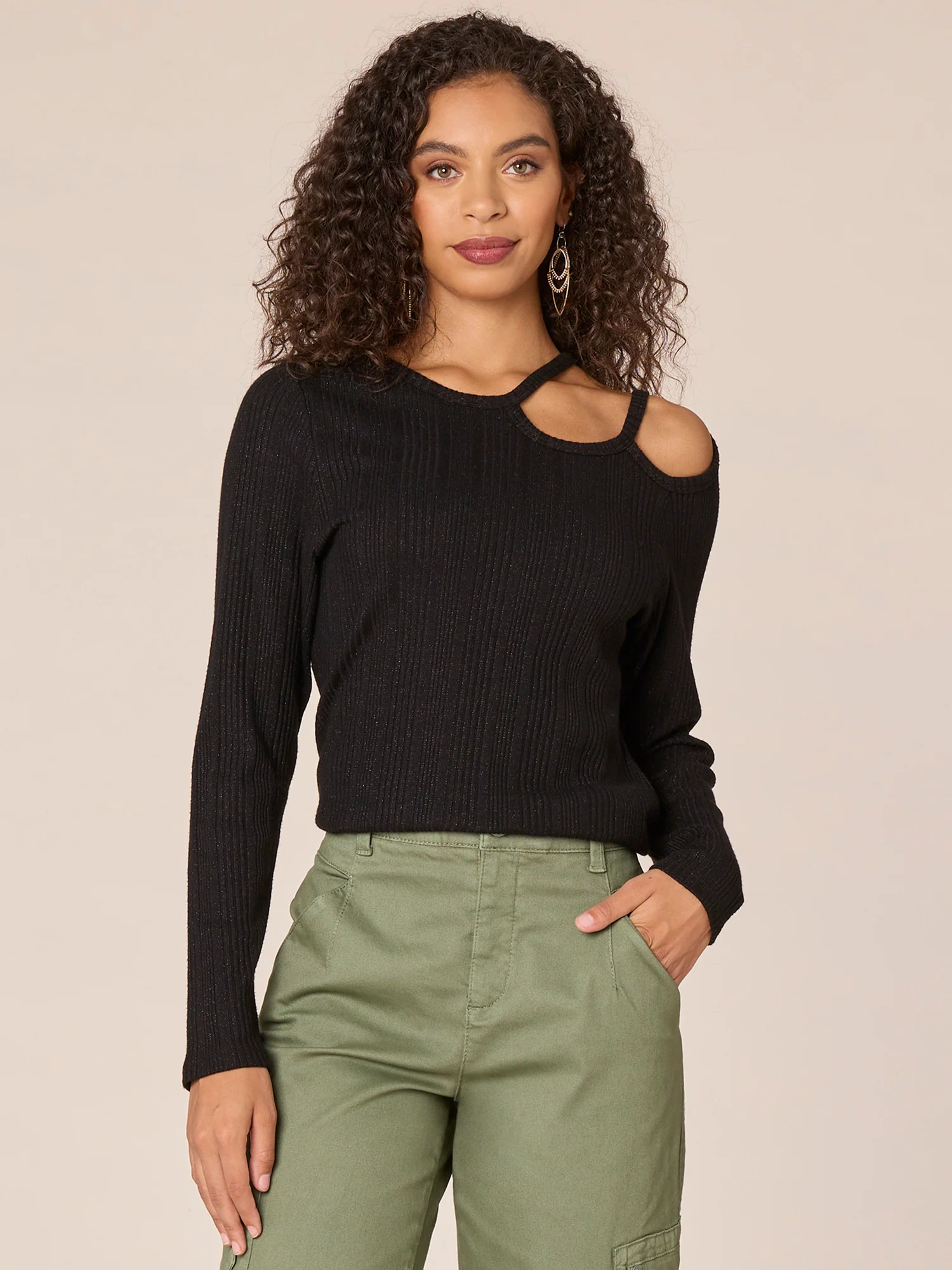 Long Raglan Sleeve Crew Neck Knit Top with Shoulder Cutout - Legahigh