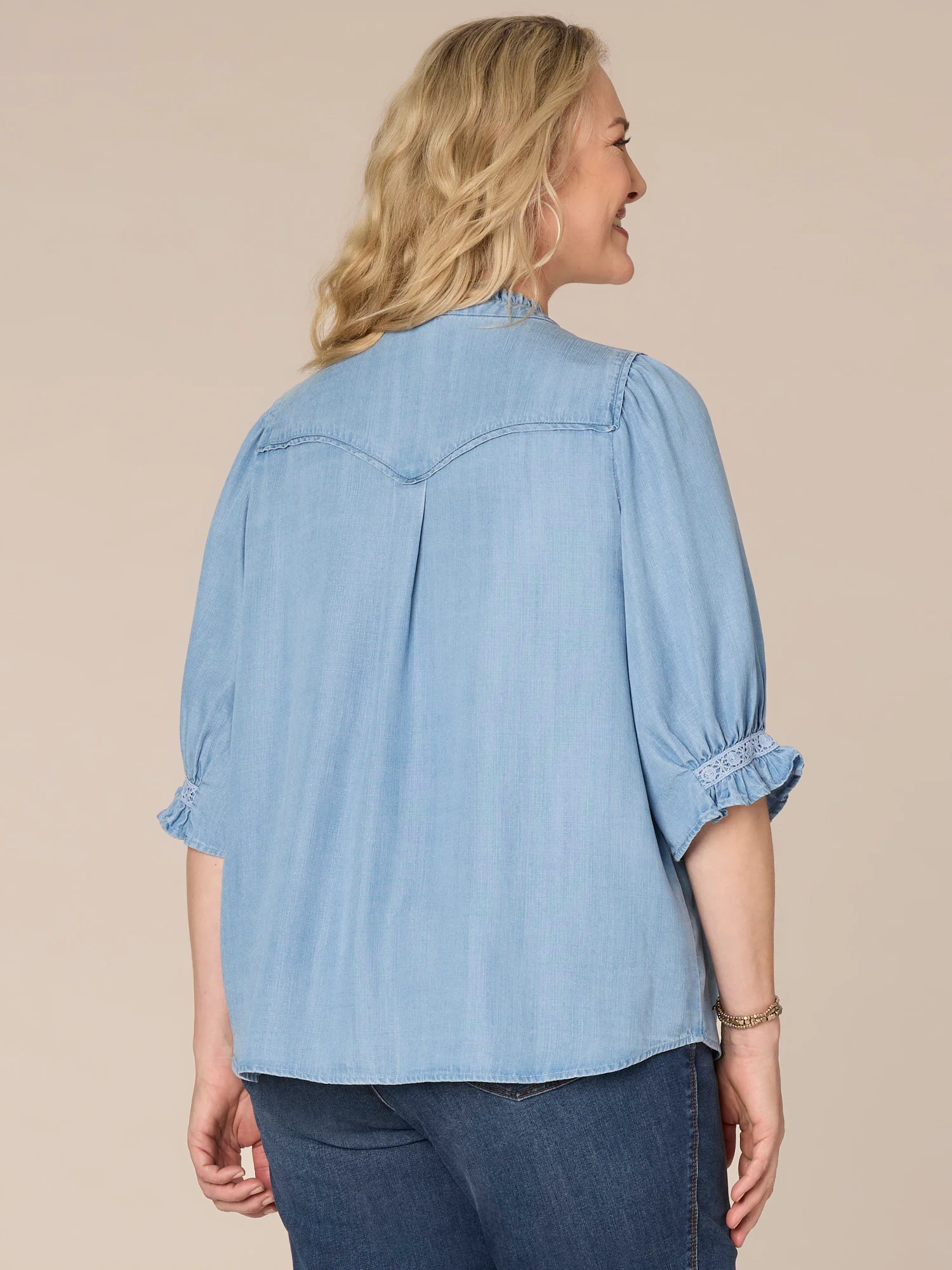 Cinched Band Sleeve Collared Neck Crochet Inset Plus Size Woven Top - Legahigh