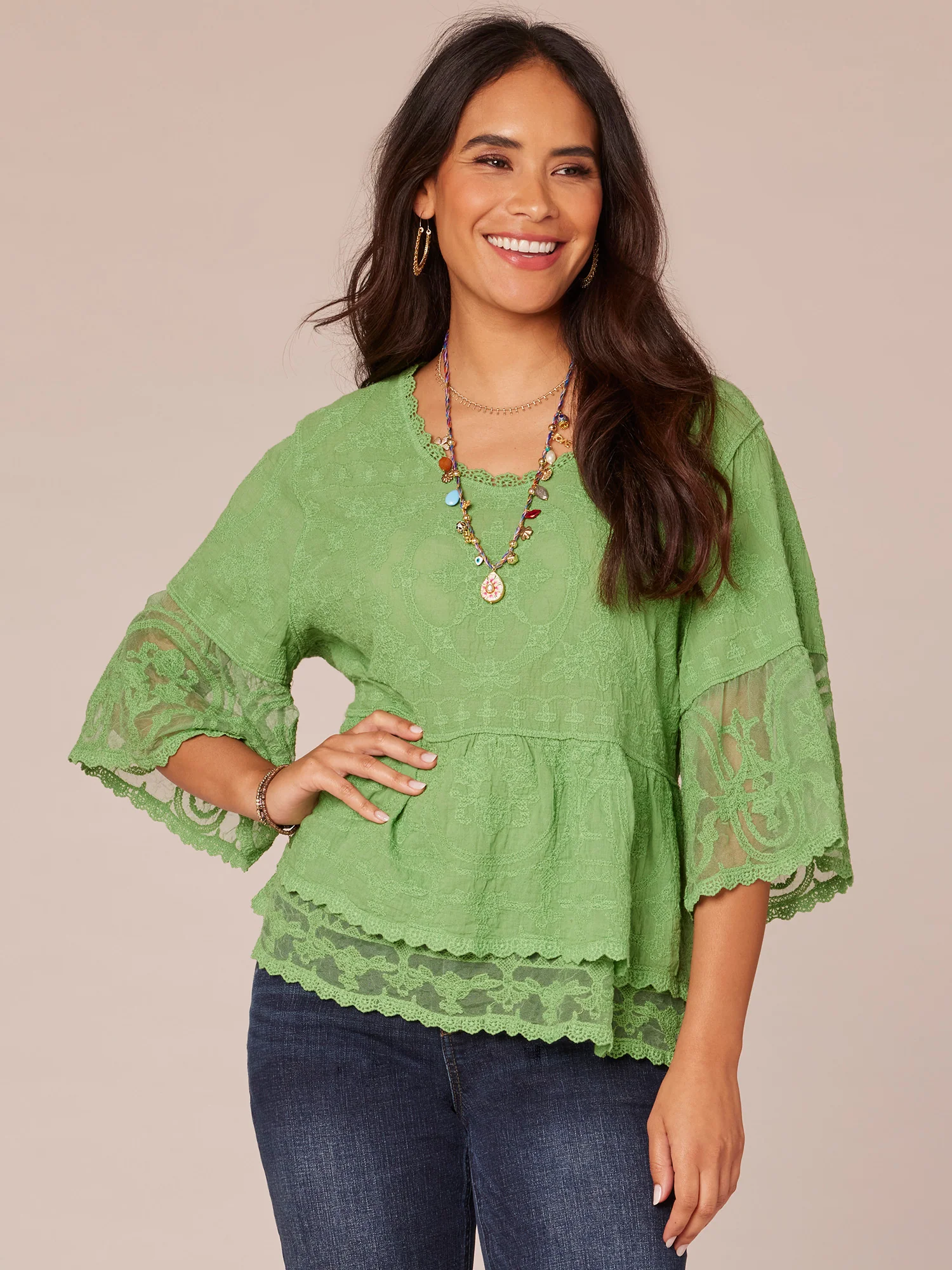 Three Quarter Bell Sleeve Scoop Neck Double Flounce Hem Woven Top - Legahigh