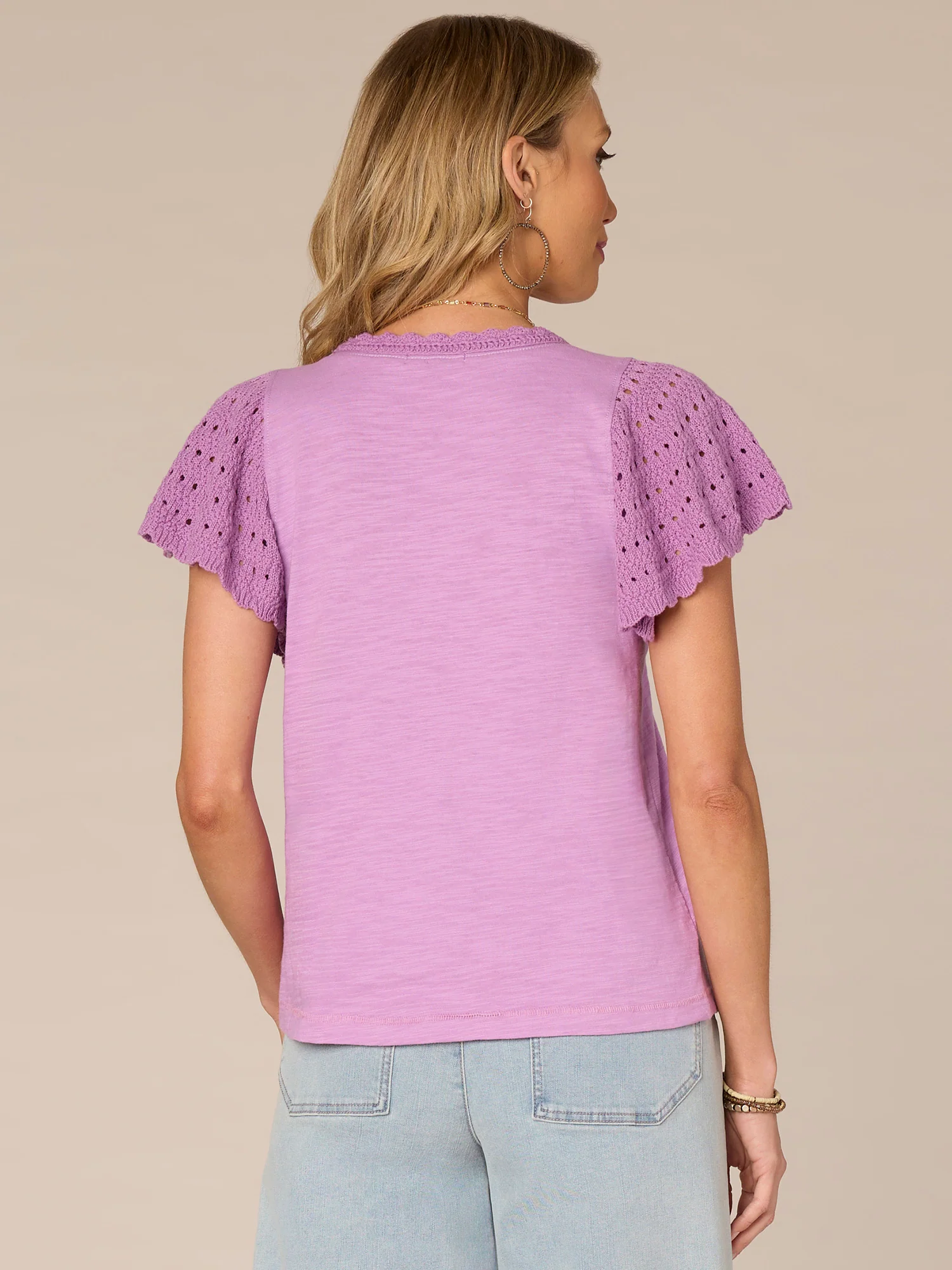 Short Crochet Flutter Sleeve Scoop Neck Knit Top - Legahigh