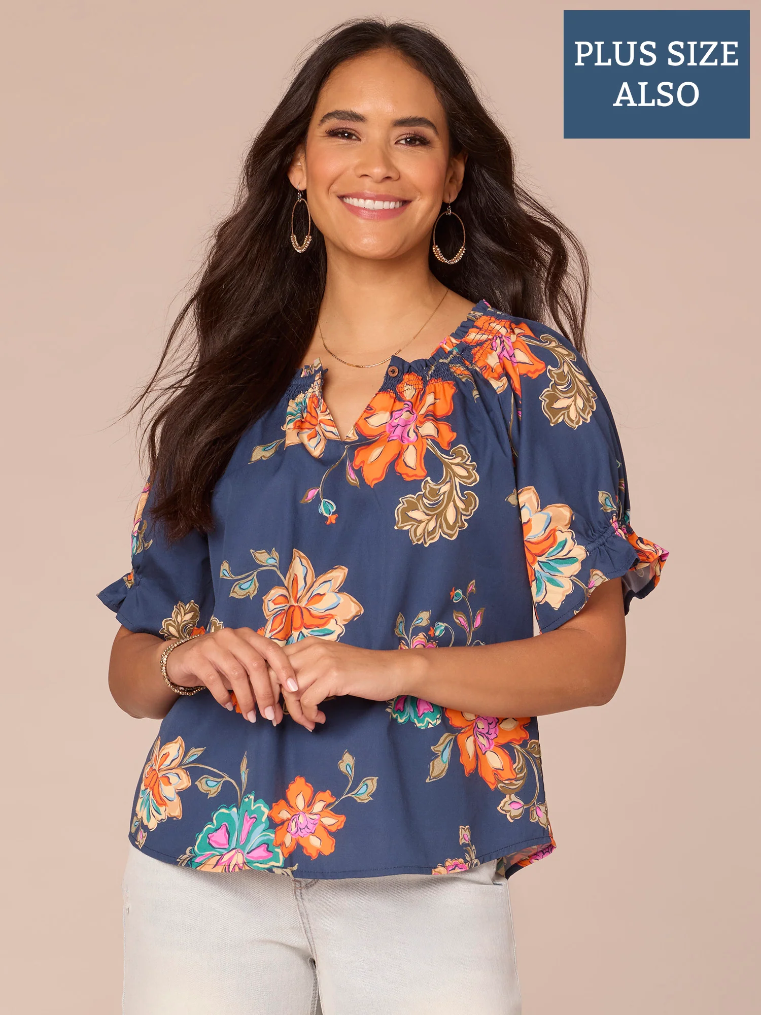 Smock Short Sleeve Round Neck Keyhole Printed Plus Size Woven Top - Legahigh