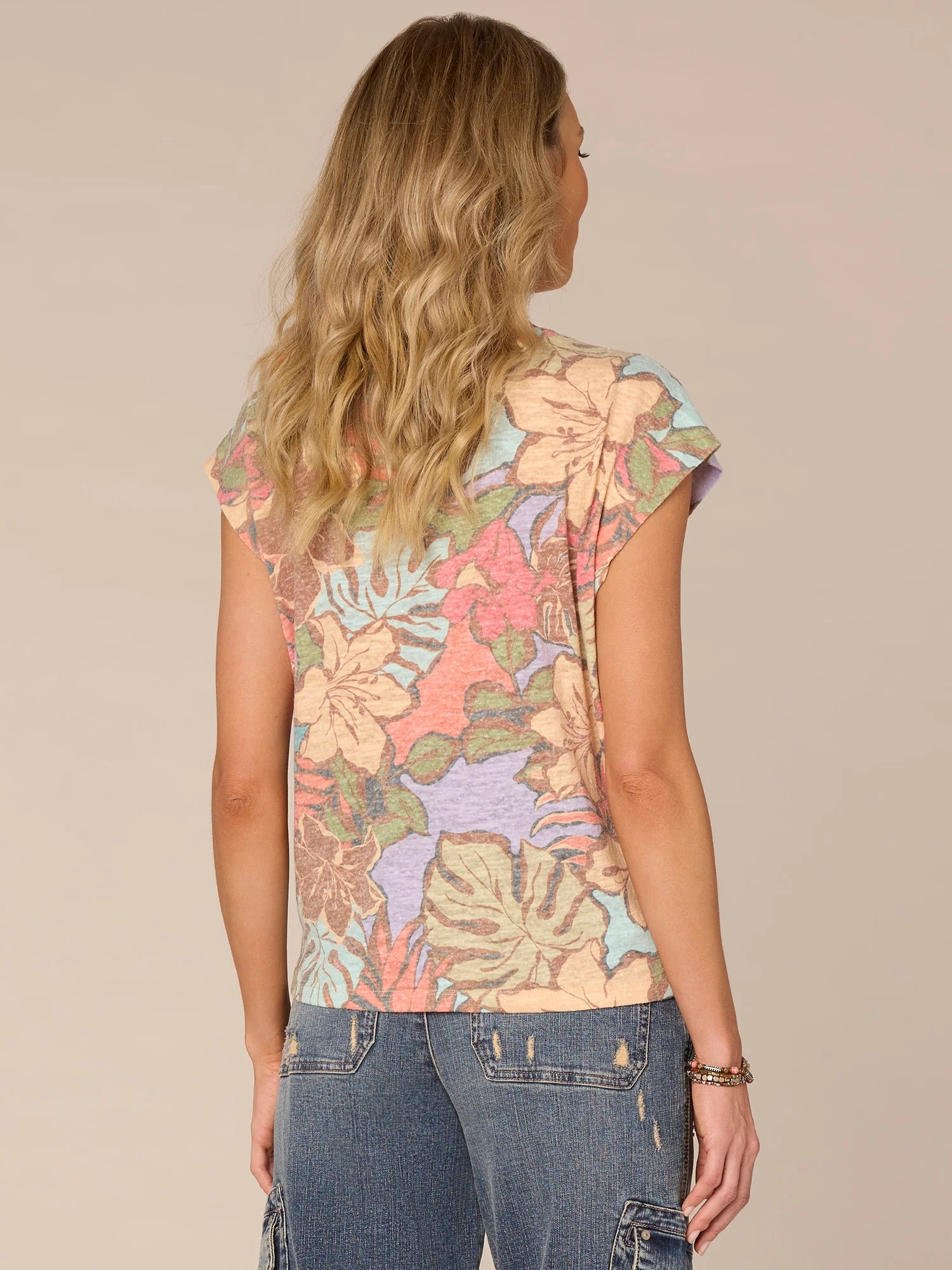 Extended Cap Sleeve Scoop Neck Knot Front Hem Floral Print Knit Top - Legahigh