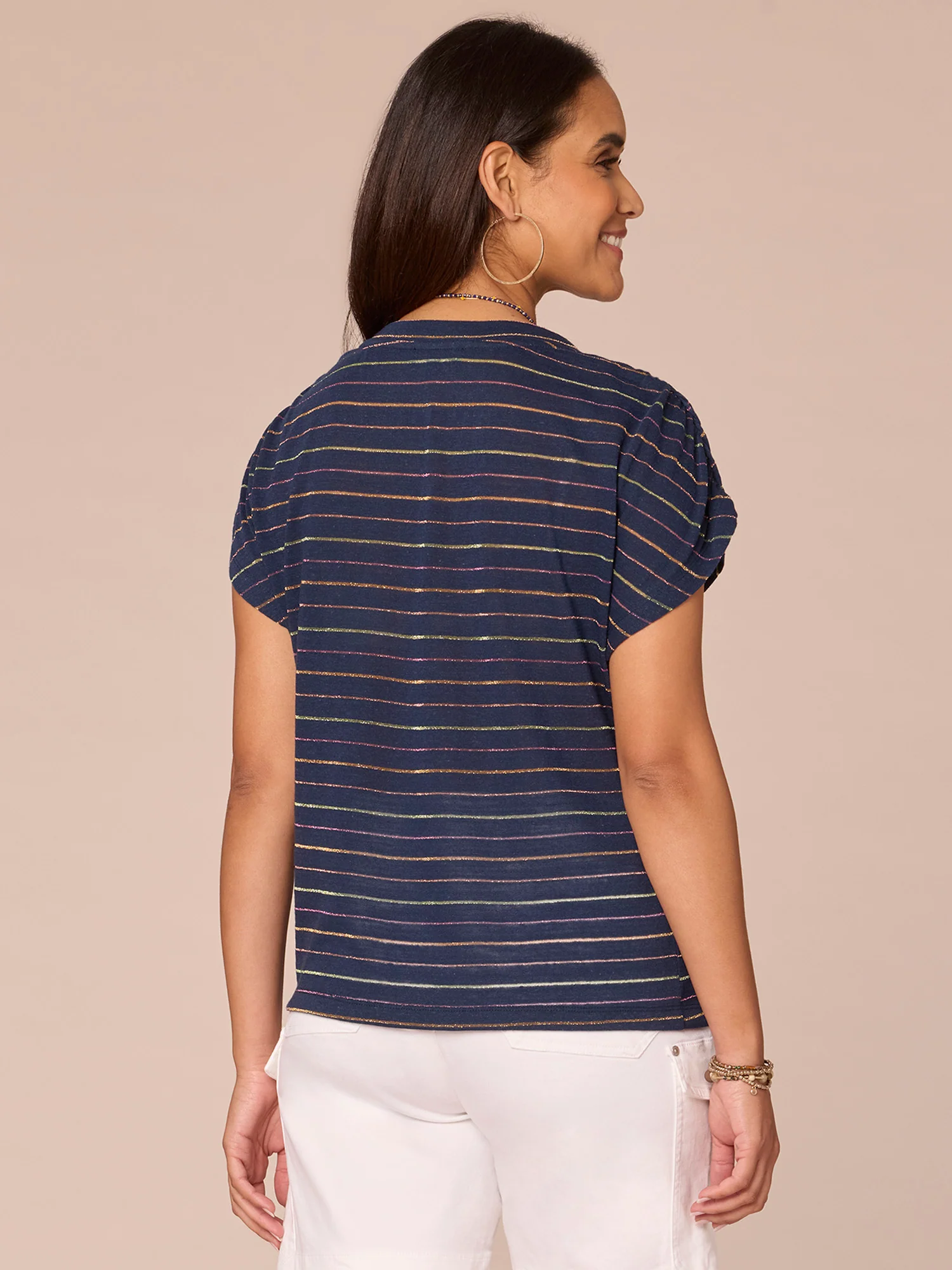 Ruched Short Sleeve V-Neck Metallic Stripe Knit Top - Legahigh