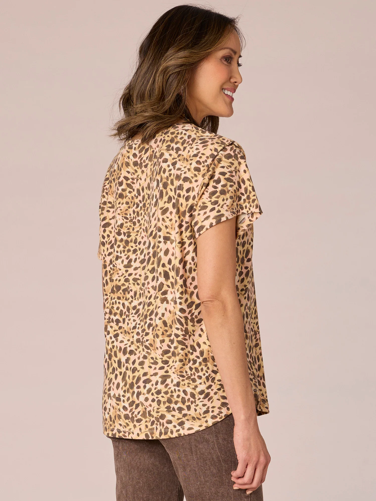 Short Flange Sleeve Scoop Keyhole Neck Abstract Print Knit Top - Legahigh