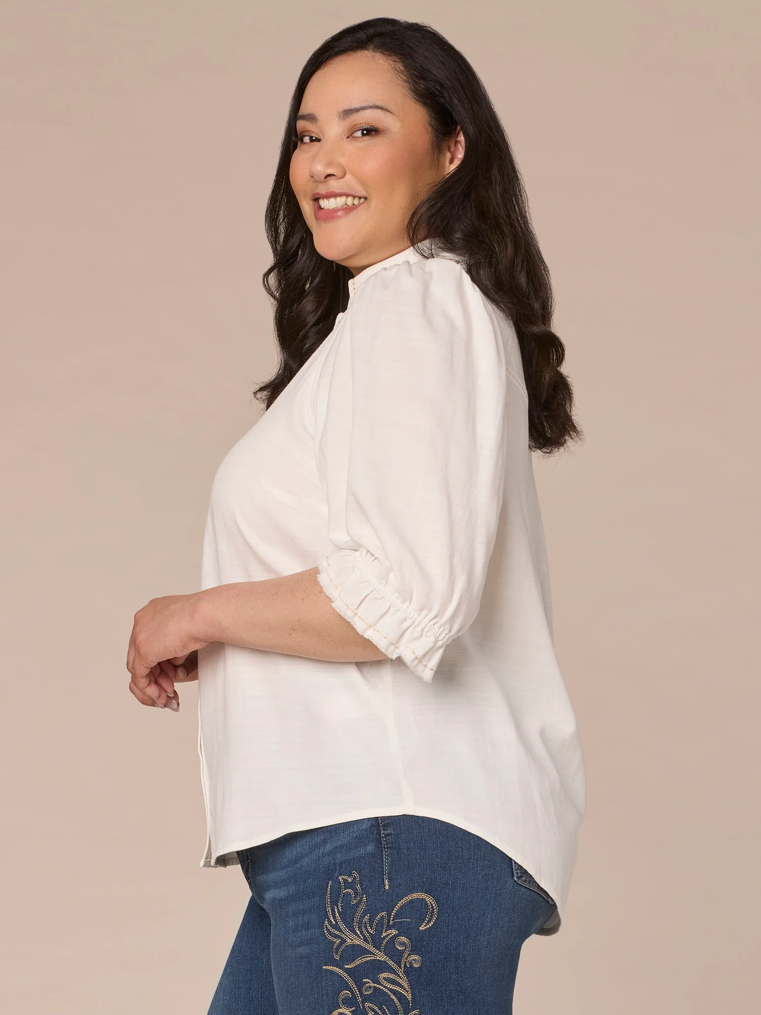 Below Elbow Sleeve Western Yoke Snap Button Plus Size Woven Shirt - Legahigh
