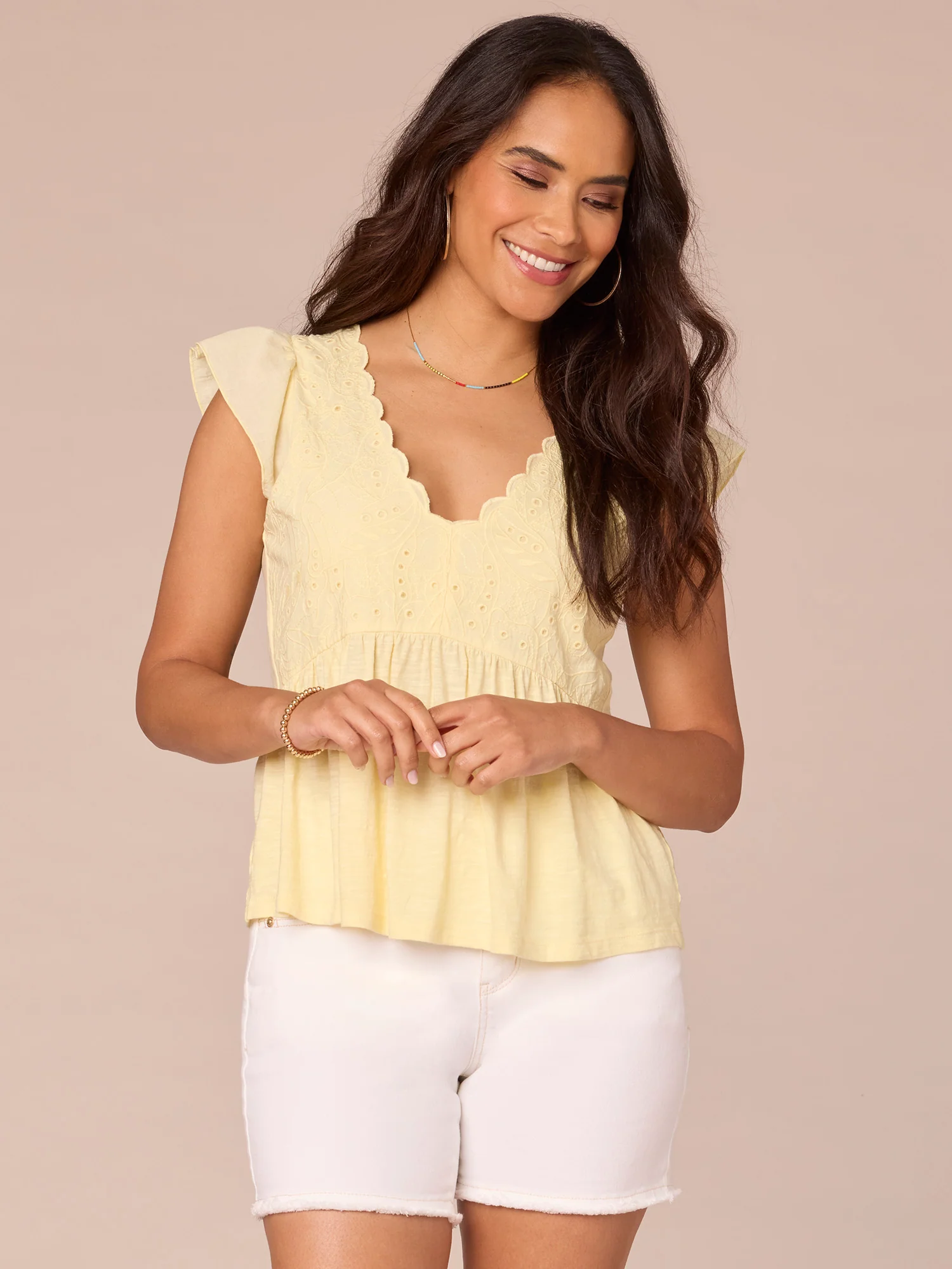 Flutter Sleeve V-Neck Embroidered Bodice Mixed Media Knit Top - Legahigh