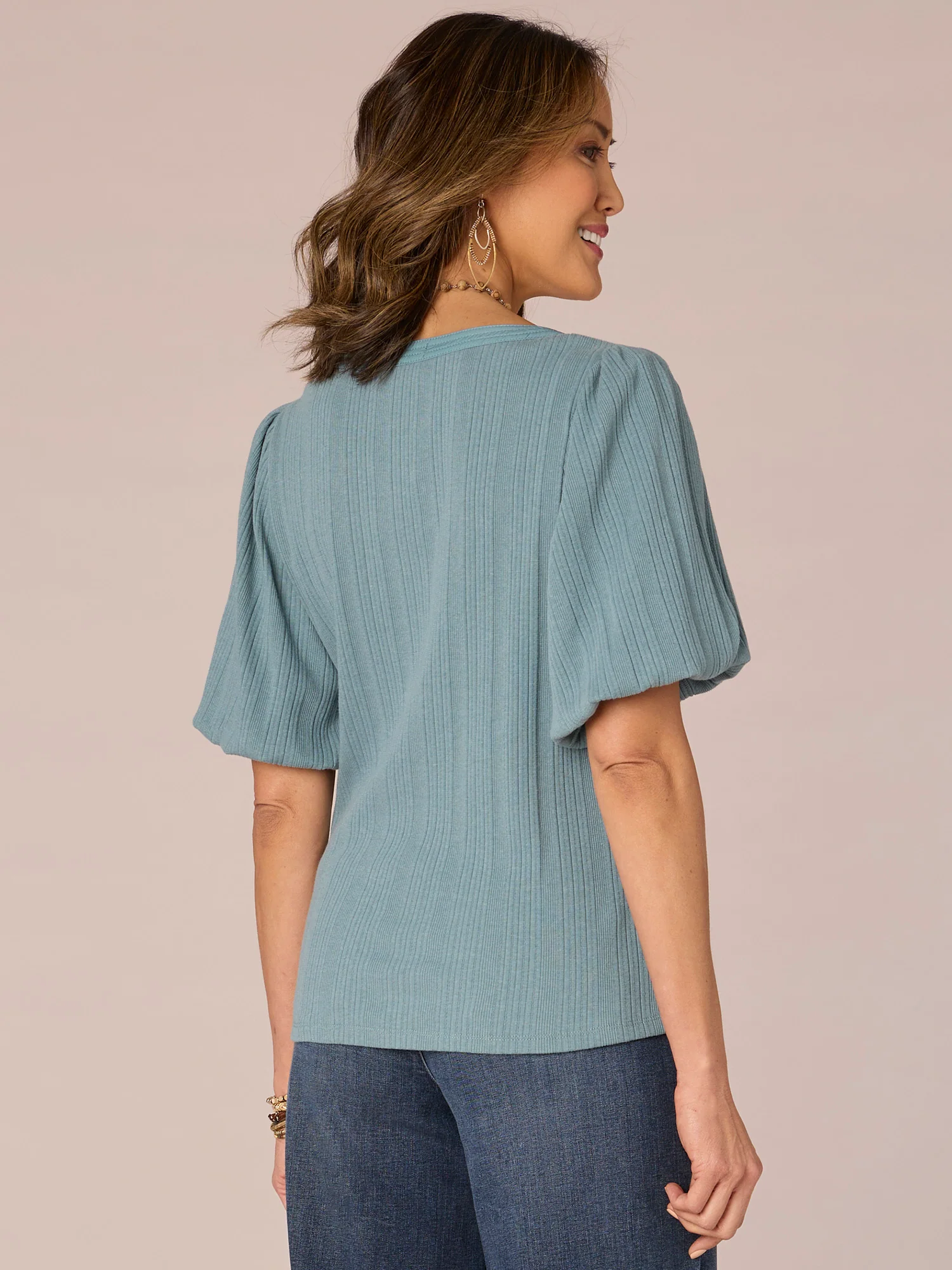Short Blouson Puff Shoulder Sleeve Scoop Neck Mixed Media Knit Top - Legahigh