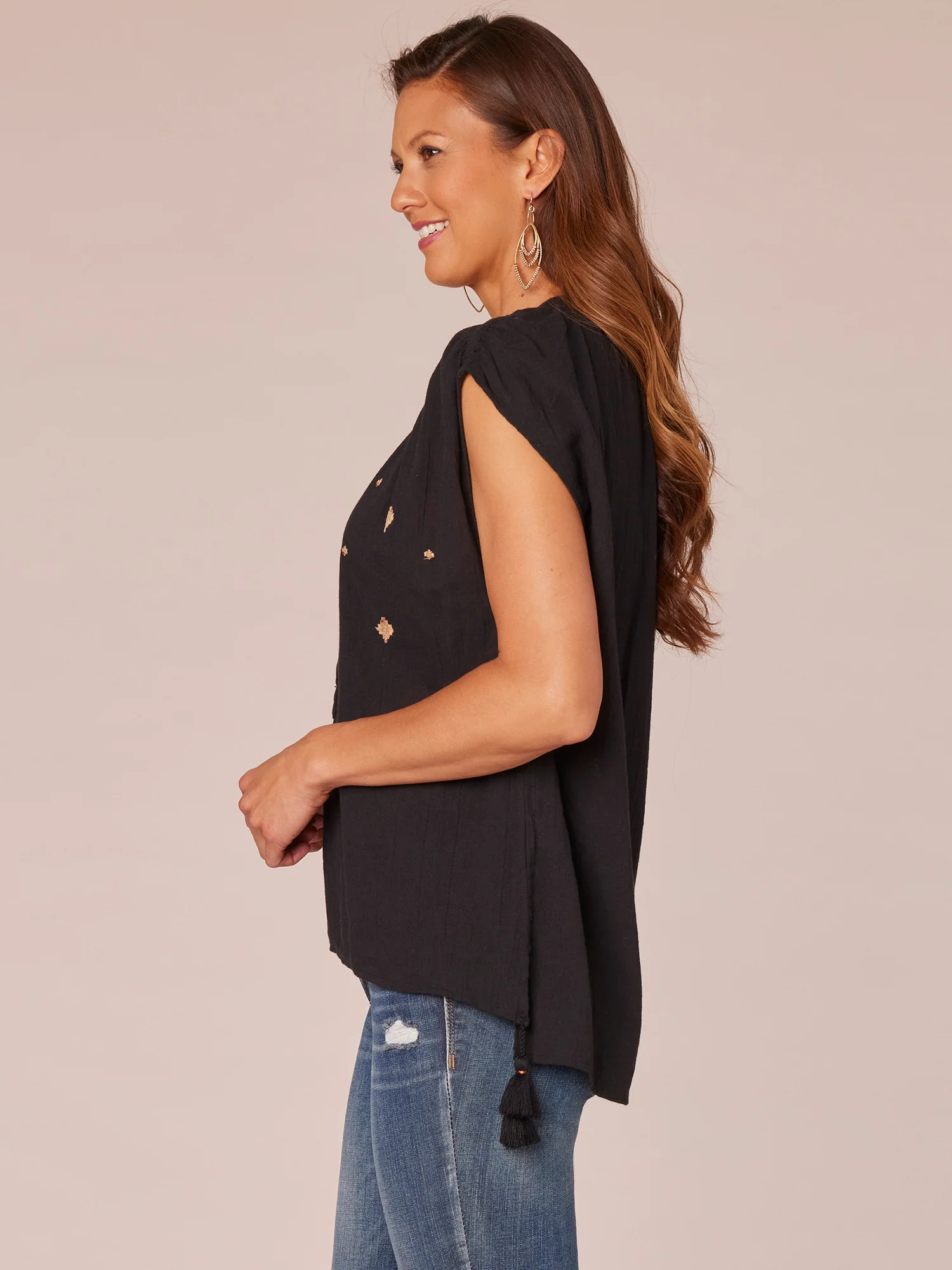 Extended Shoulder Cap Sleeve Stand Collar Jacquard Tassel Woven Top - Legahigh