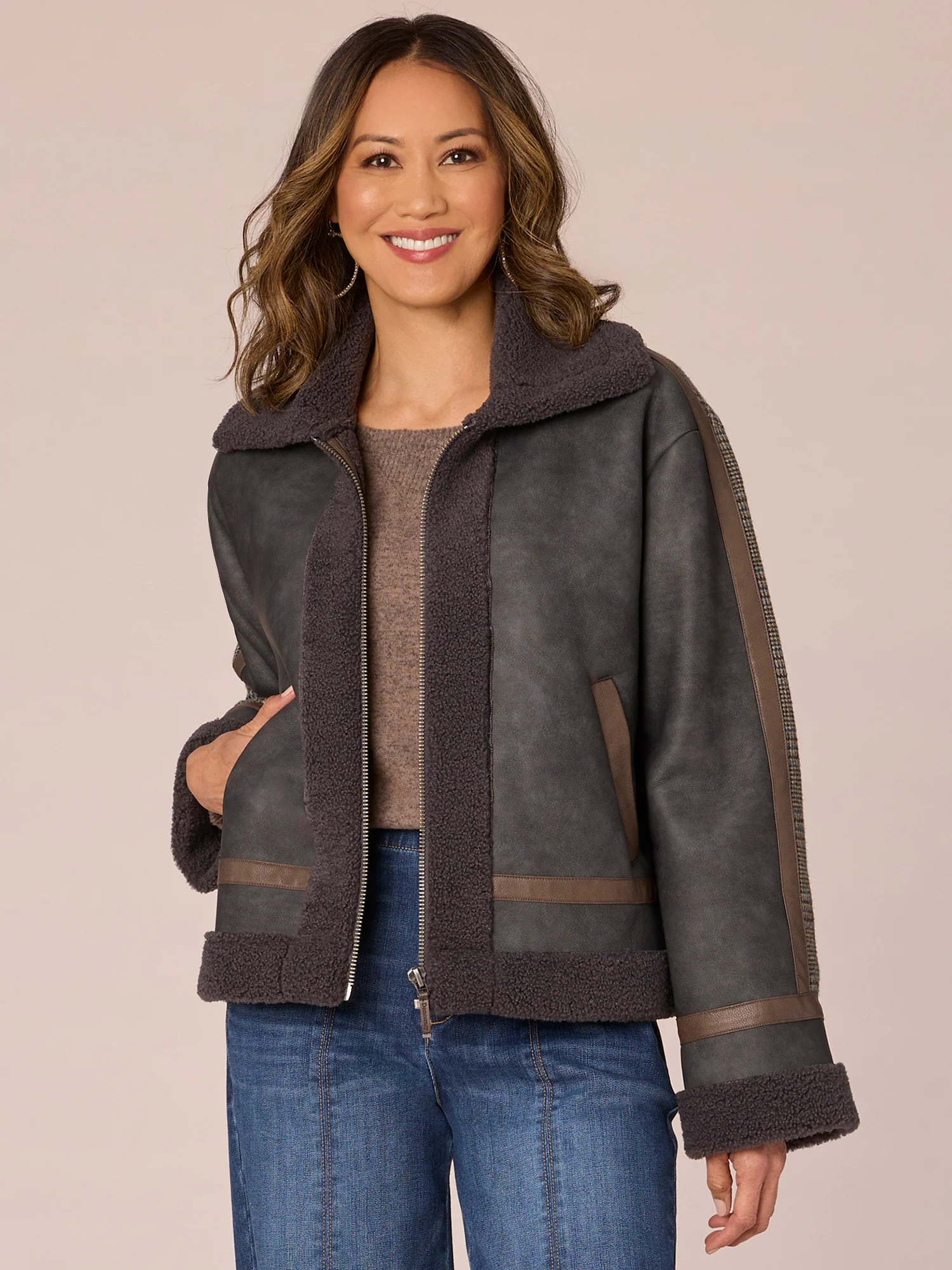 Long Sleeve Zip Front Wide Collar Jacket with Sherpa Lining - Legahigh