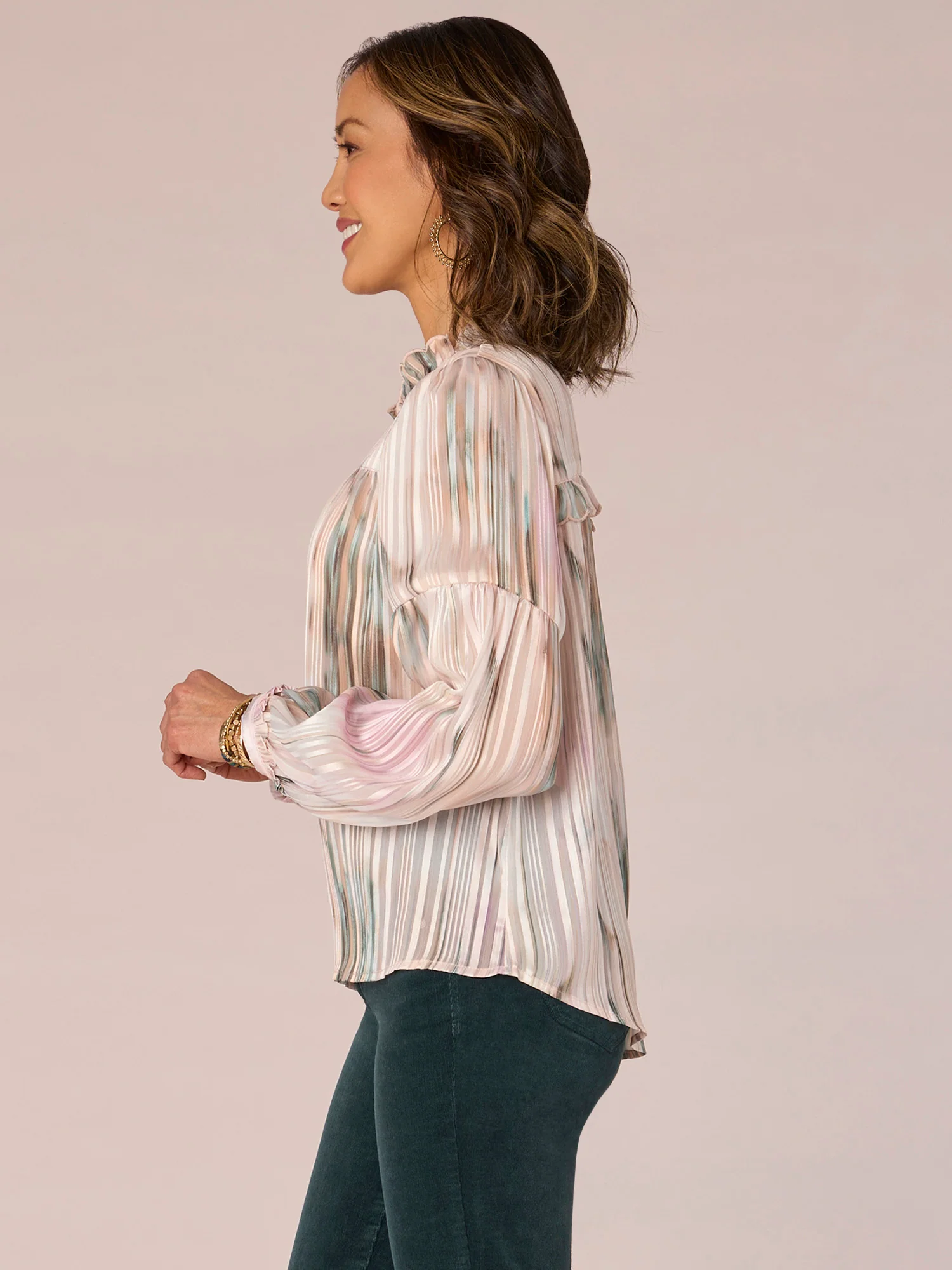 Long Sleeve Ruffle Edge Round Neck Button Front Stripe Woven Shirt - Legahigh