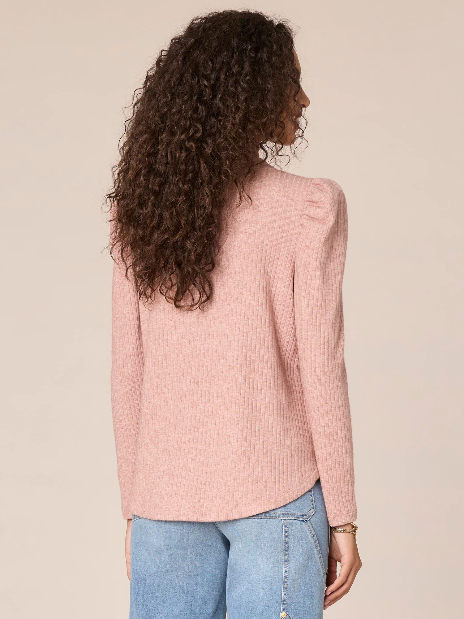 Long Puff Shoulder Sleeve V-Neck Surplus Shirttail Hem Knit Top - Legahigh