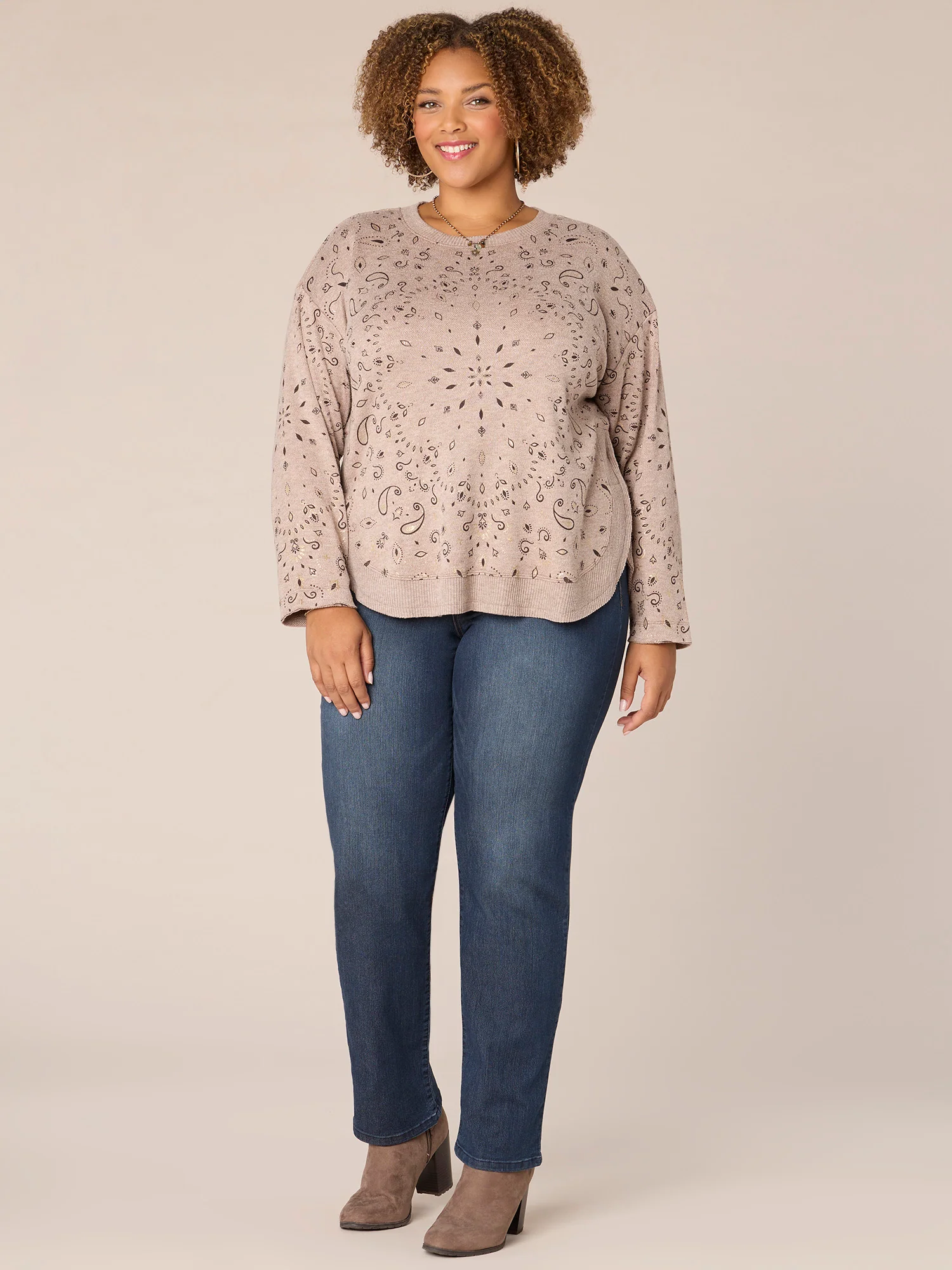 Drop Shoulder Sleeve Scoop Neck Printed Hi-Low Hem Plus Size Knit Top - Legahigh