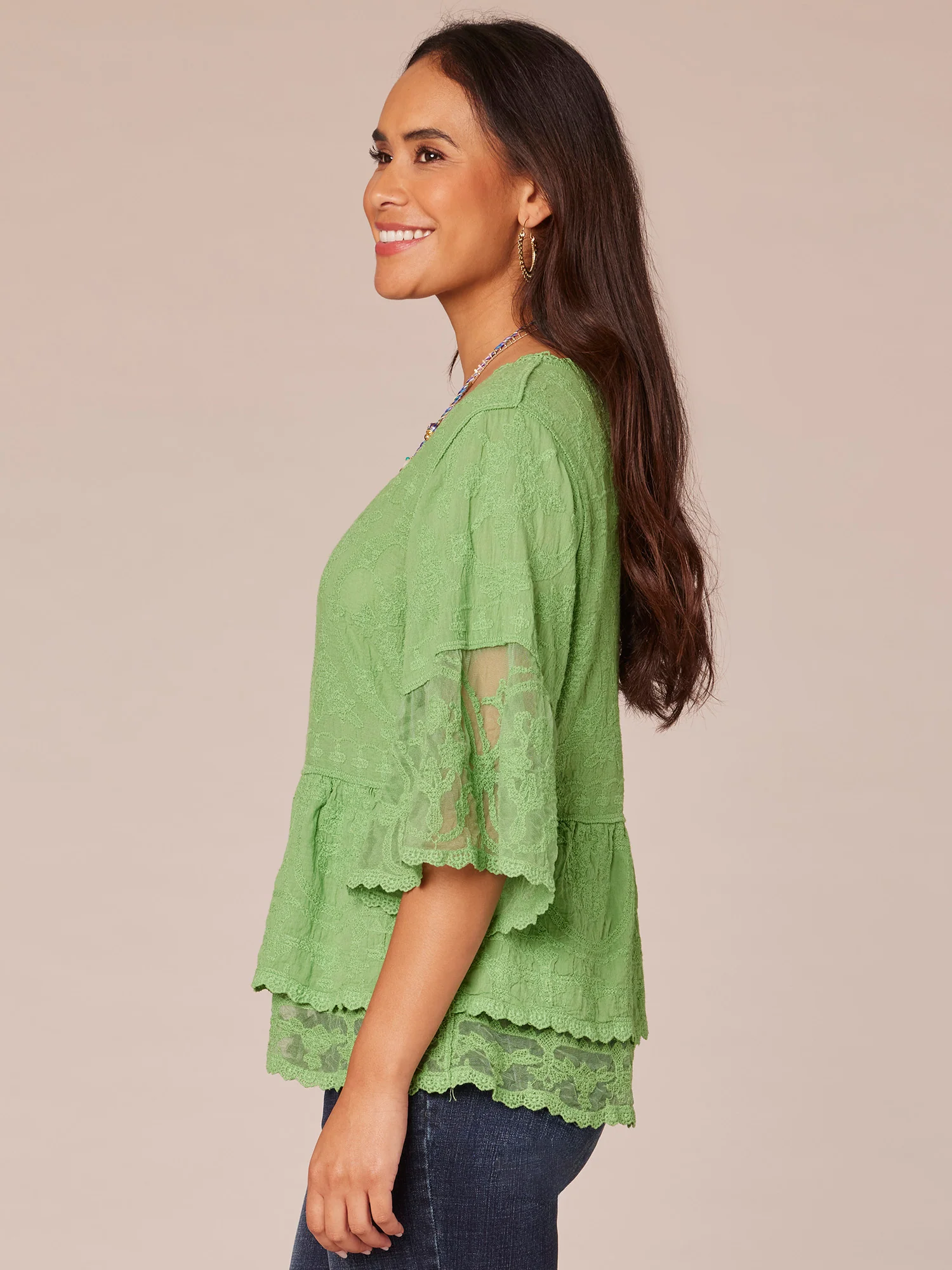Bell Sleeve Scoop Neck Double Flounce Peplum Petite Hem Woven Top - Legahigh