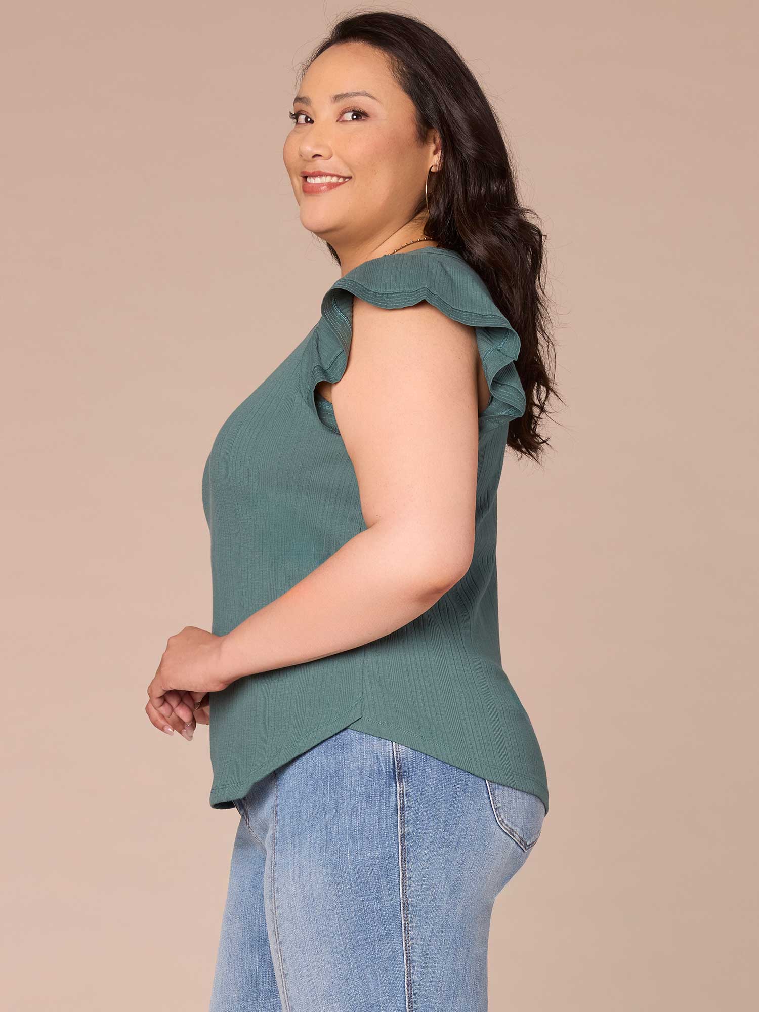 Flutter Cap Sleeve Round Split Neck Mixed Media Plus Size Knit Top - Legahigh