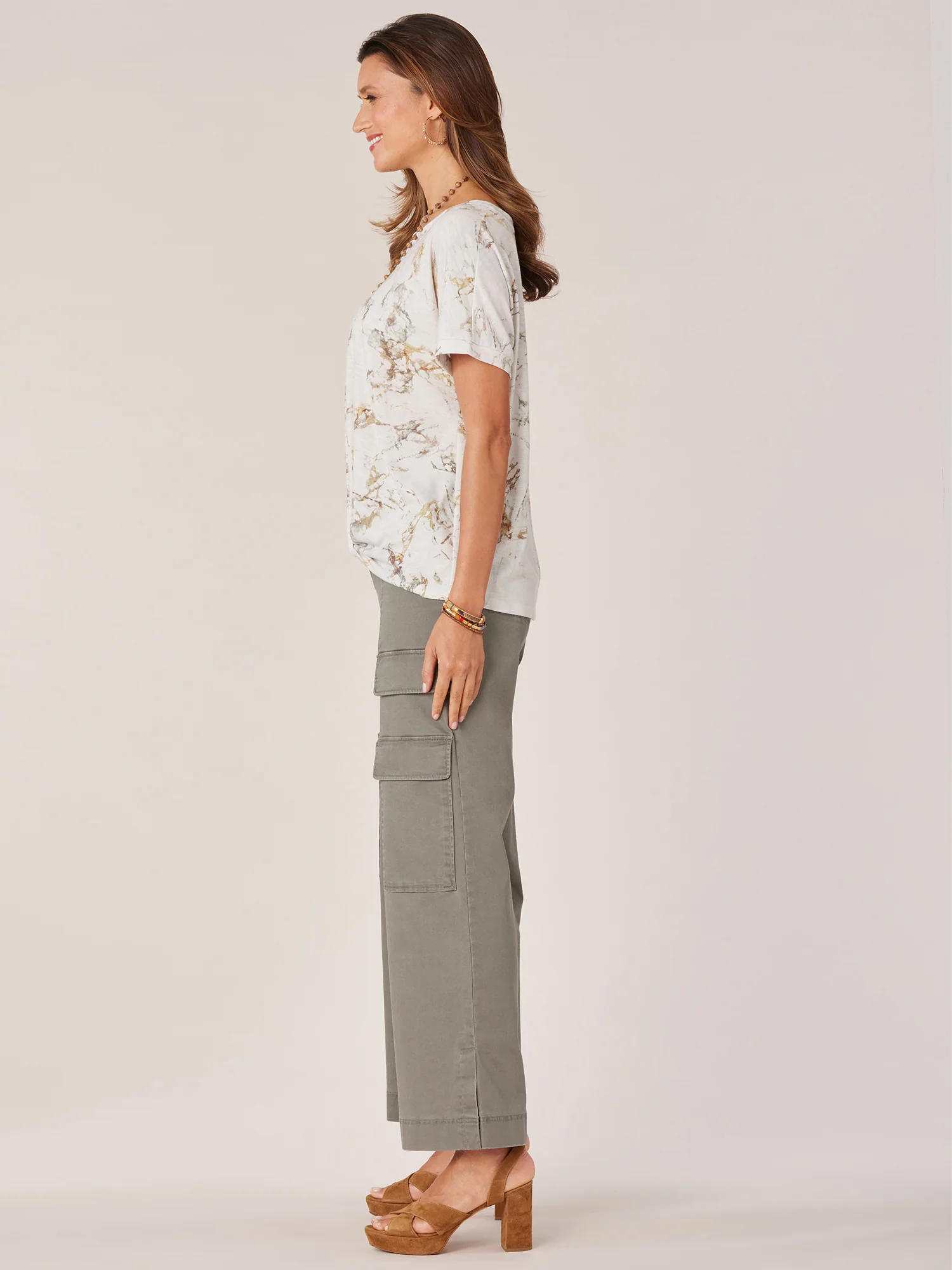 Petite Short Sleeve Scoop Neck Twist Hem Printed Knit Top - Legahigh