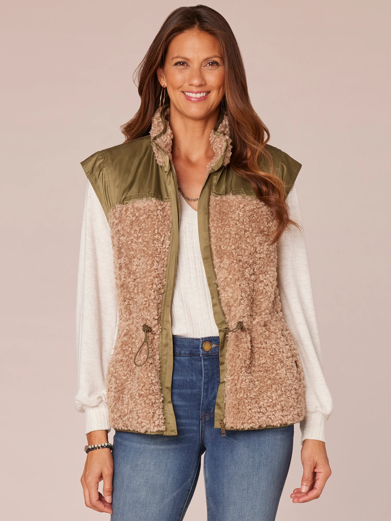 Sleeveless Stand Collar Zip Front Toggle Waist Knit Vest with Ties - Legahigh