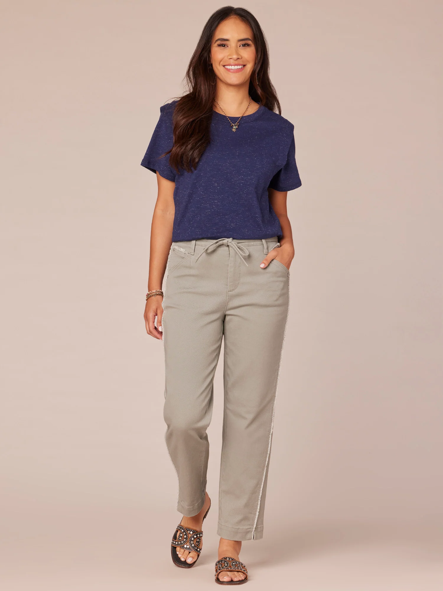 Short Flange Shoulder Sleeve Scoop Neck Shimmery Knit Top - Legahigh