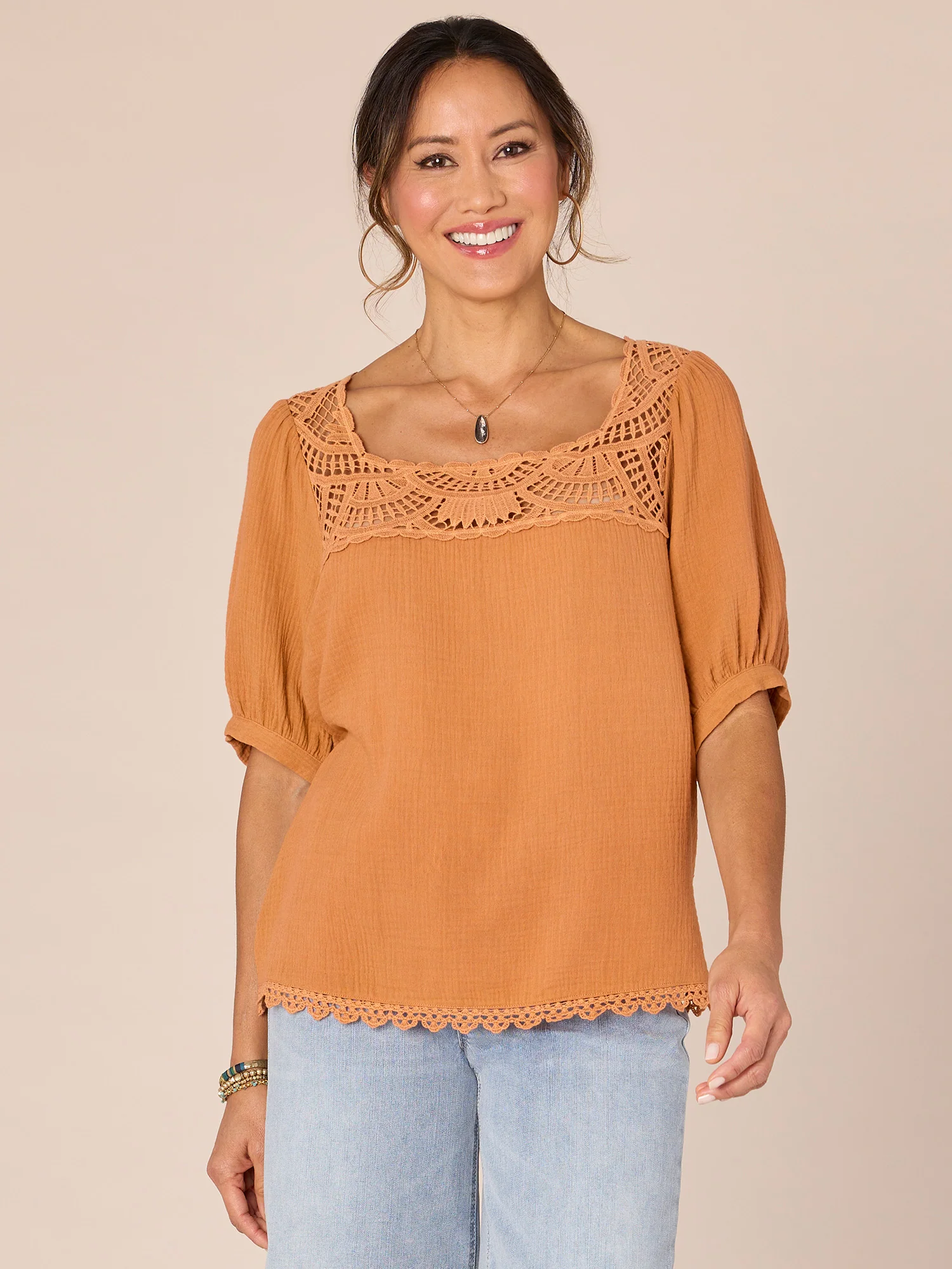 Above Elbow Bubble Sleeve Square Crochet Neck Woven Top - Legahigh