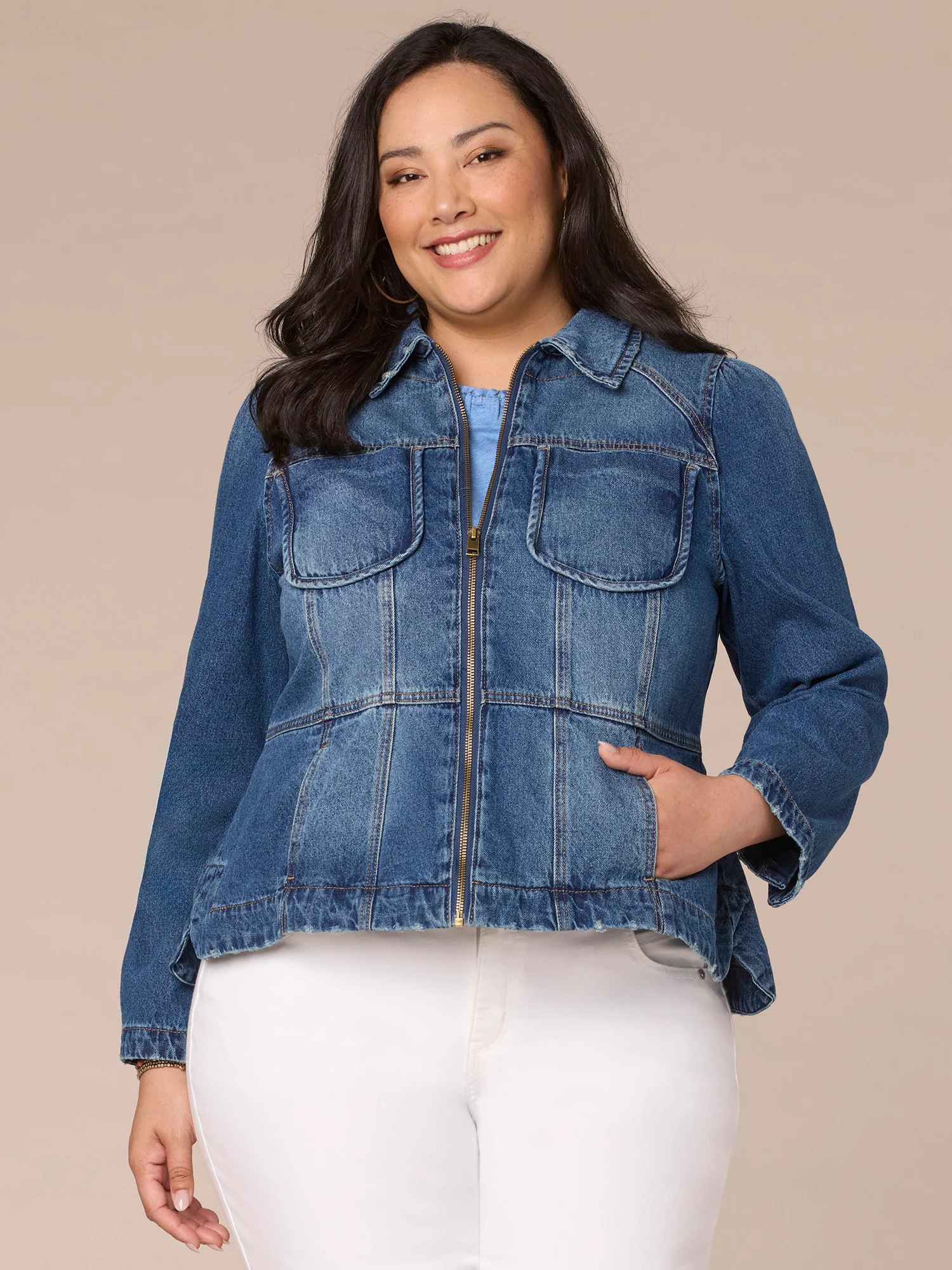 Long Sleeve Zip Front Curved Peplum Hem Plus Size Denim Jacket - Legahigh