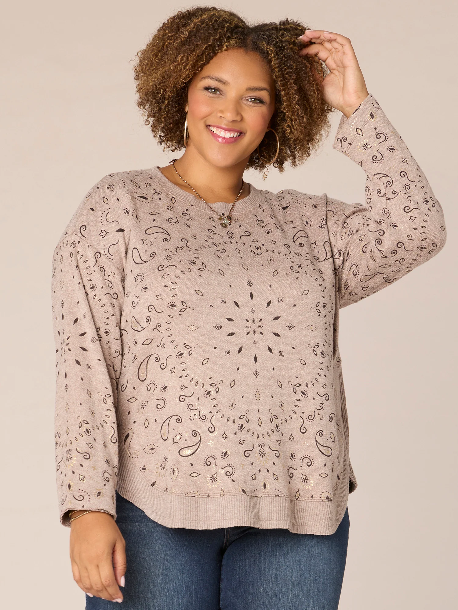 Drop Shoulder Sleeve Scoop Neck Printed Hi-Low Hem Plus Size Knit Top - Legahigh