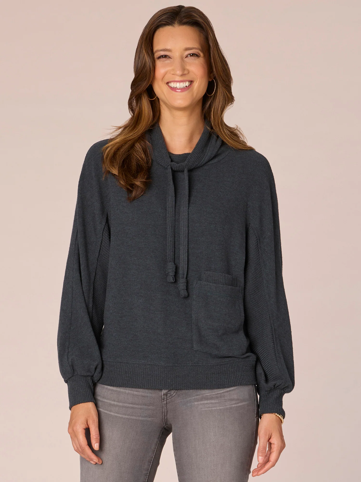 Long Blouson Sleeve Funnel Neck Double Pocket Knit Top with Ties - Legahigh