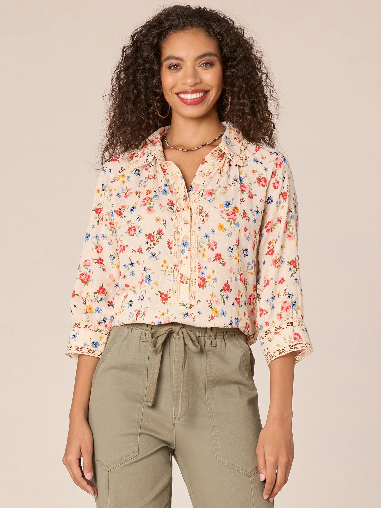 Raglan Sleeve Collared Crochet Button Down Printed Petite Woven Top - Legahigh