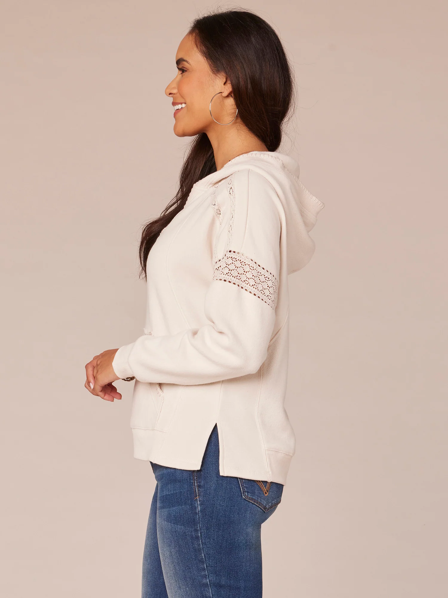 Long Sleeve Half Placket Mixed Media Knit Hoodie with Blanket Stitch - Legahigh