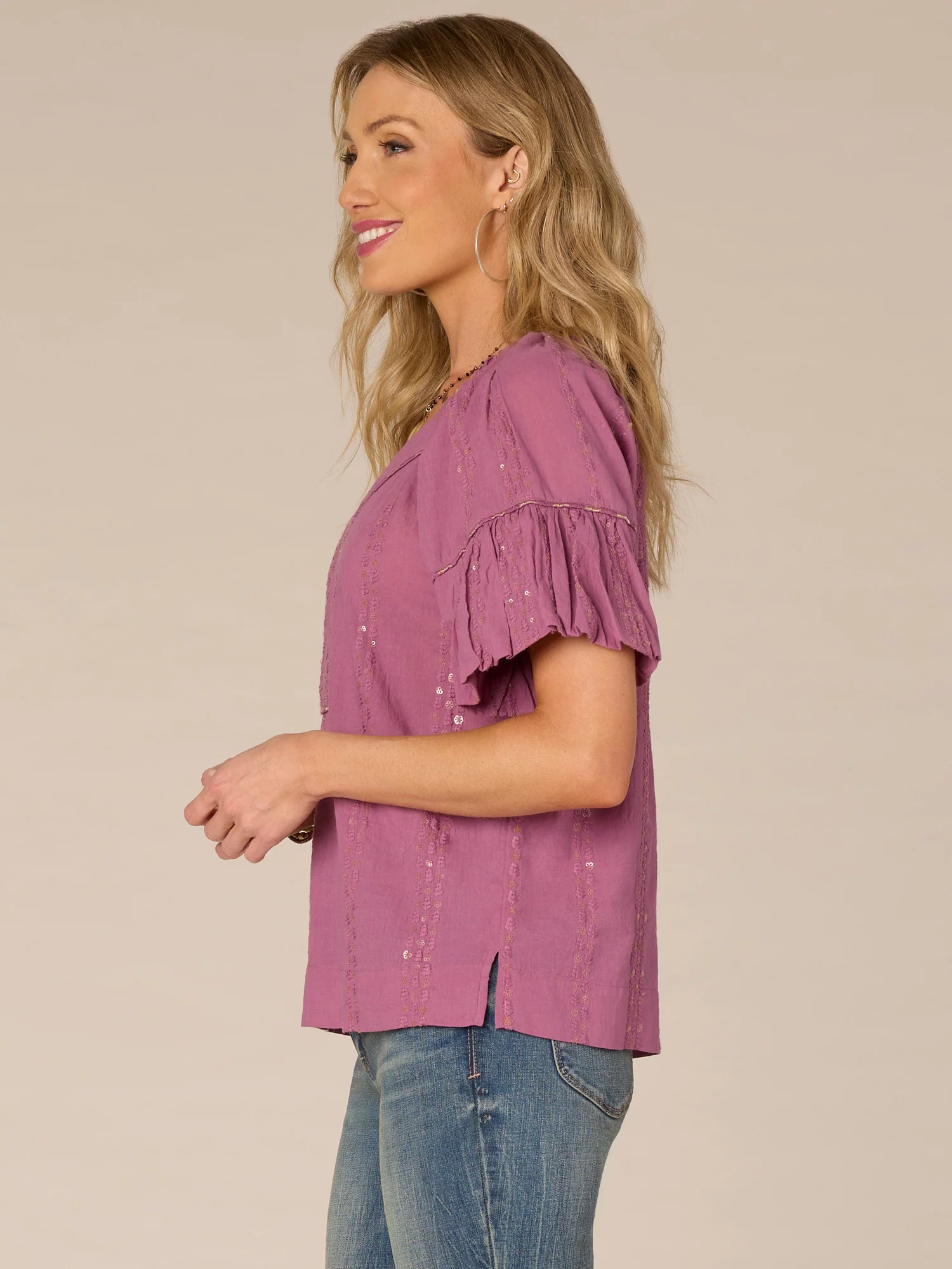 Bubble Sleeve Spliced V-Neck Embroidered Placket Petite Woven Top - Legahigh