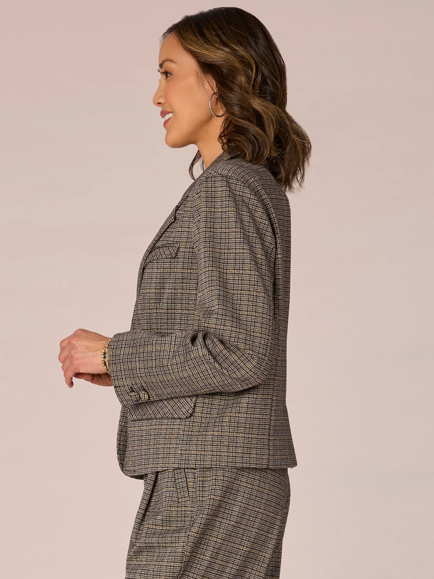 Long Sleeve Single Button Cropped Plaid Woven Blazer with Flap Pockets - Legahigh