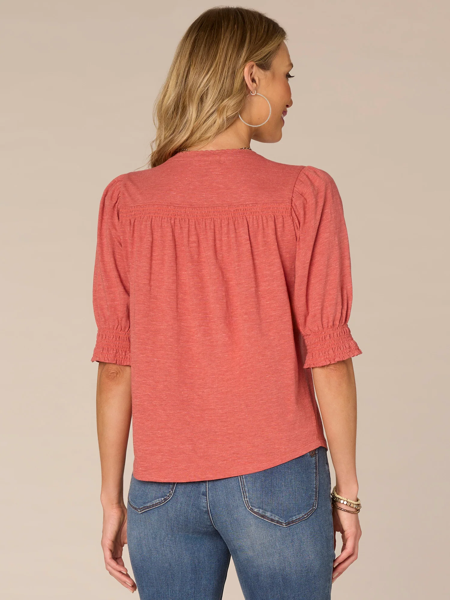 Elbow Blouson Sleeve Scallop V-Neck Knit Top with Smocking Detail - Legahigh