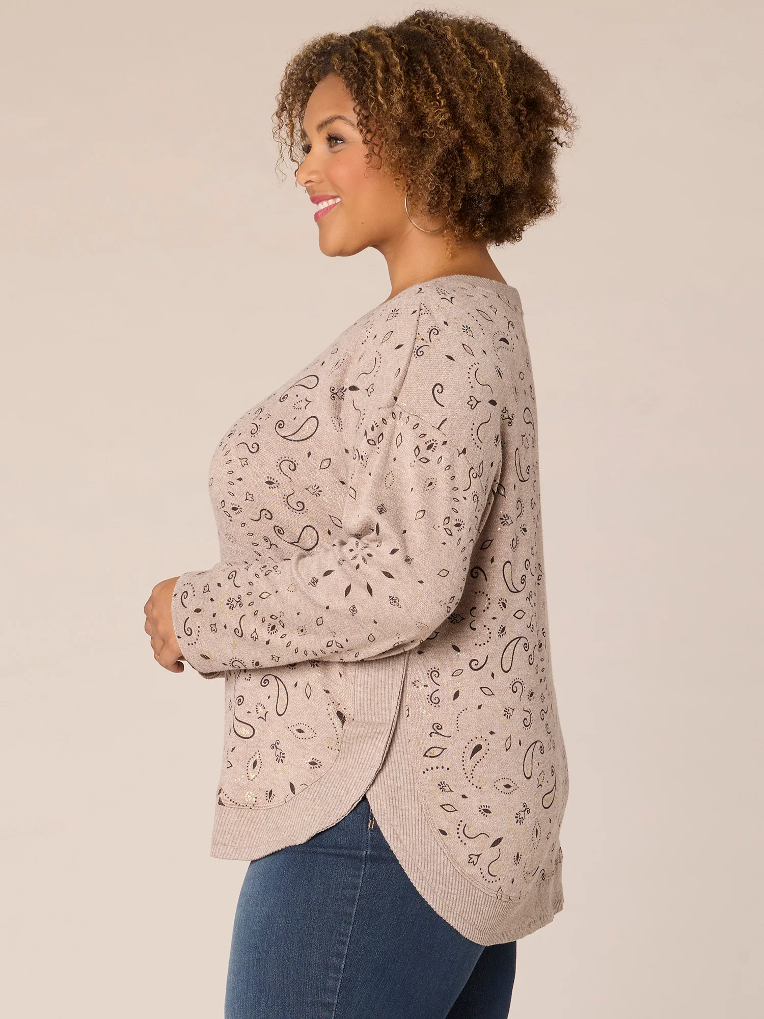 Drop Shoulder Sleeve Scoop Neck Printed Hi-Low Hem Plus Size Knit Top - Legahigh