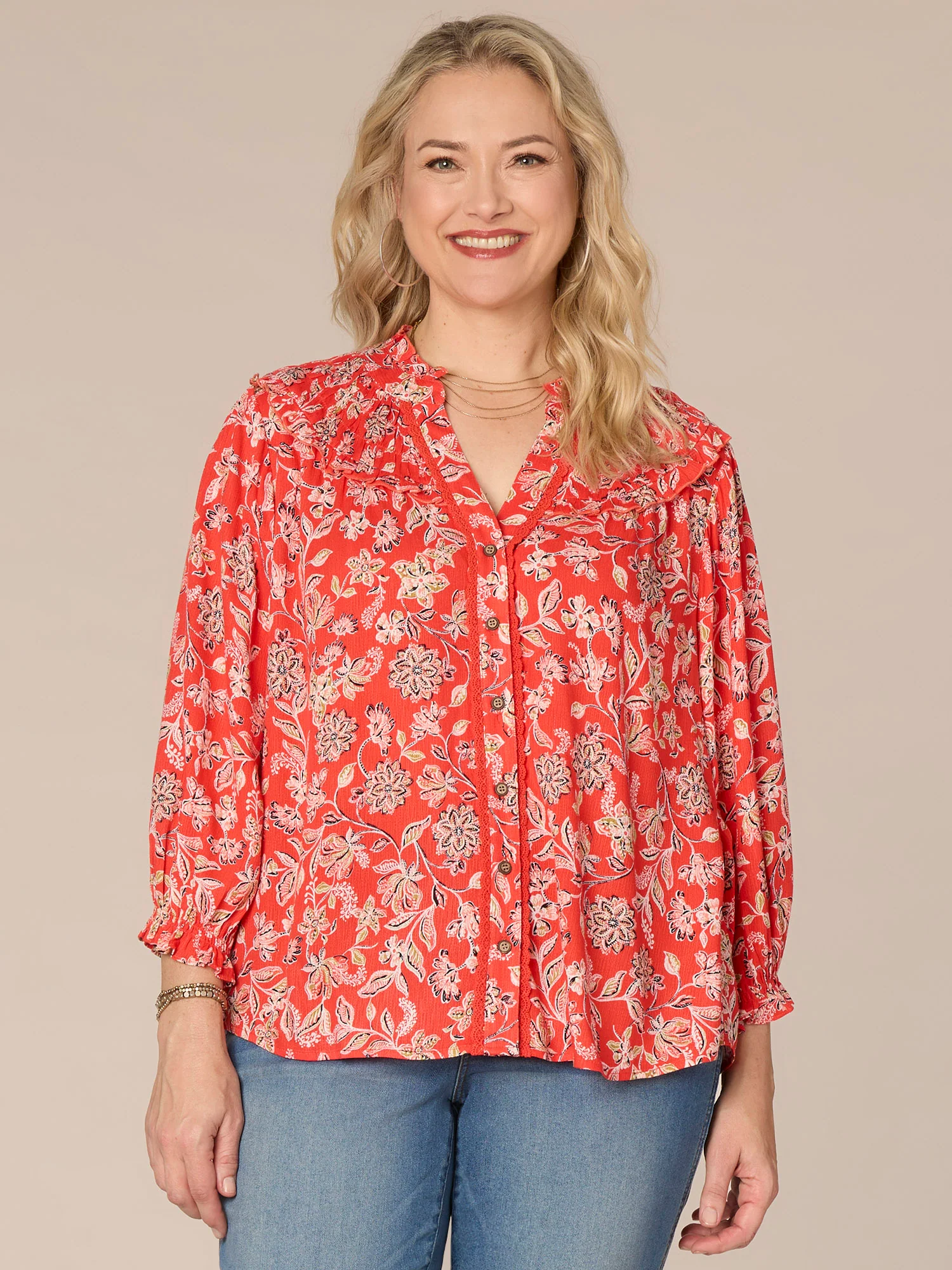 Blouson Sleeve V-Neck Crochet Button Down Printed Plus Size Woven Top - Legahigh