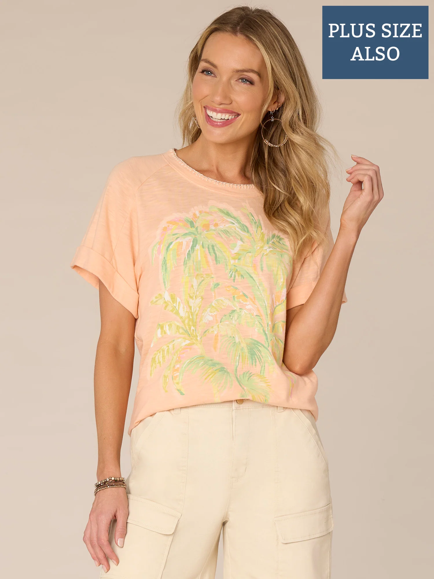 Roll Cuff Sleeve Scoop Neck Printed Plus Size Boyfriend Tee - Legahigh