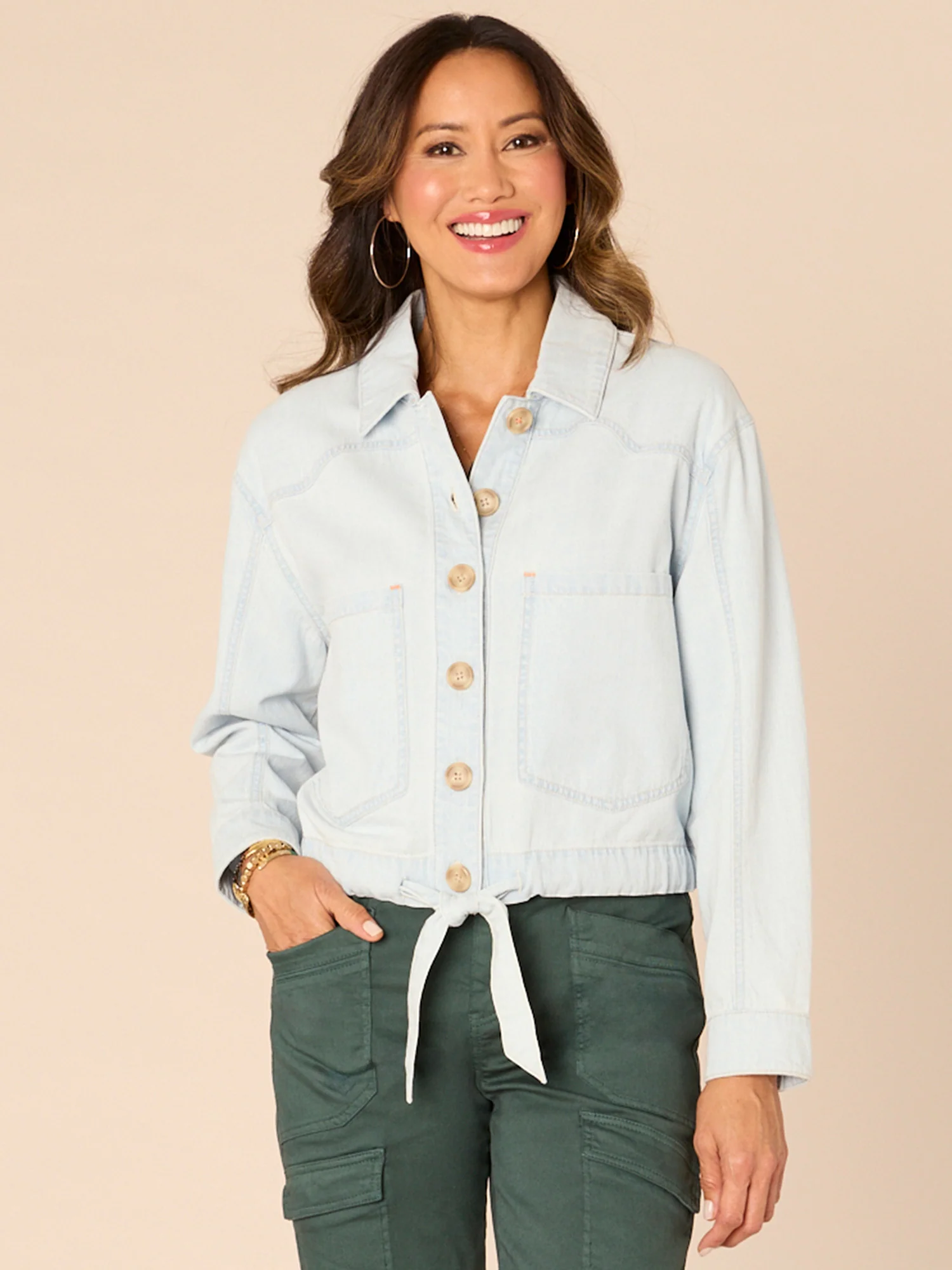 Long Sleeve Button Down Self Tie Denim Jacket with Oversized Pockets - Legahigh