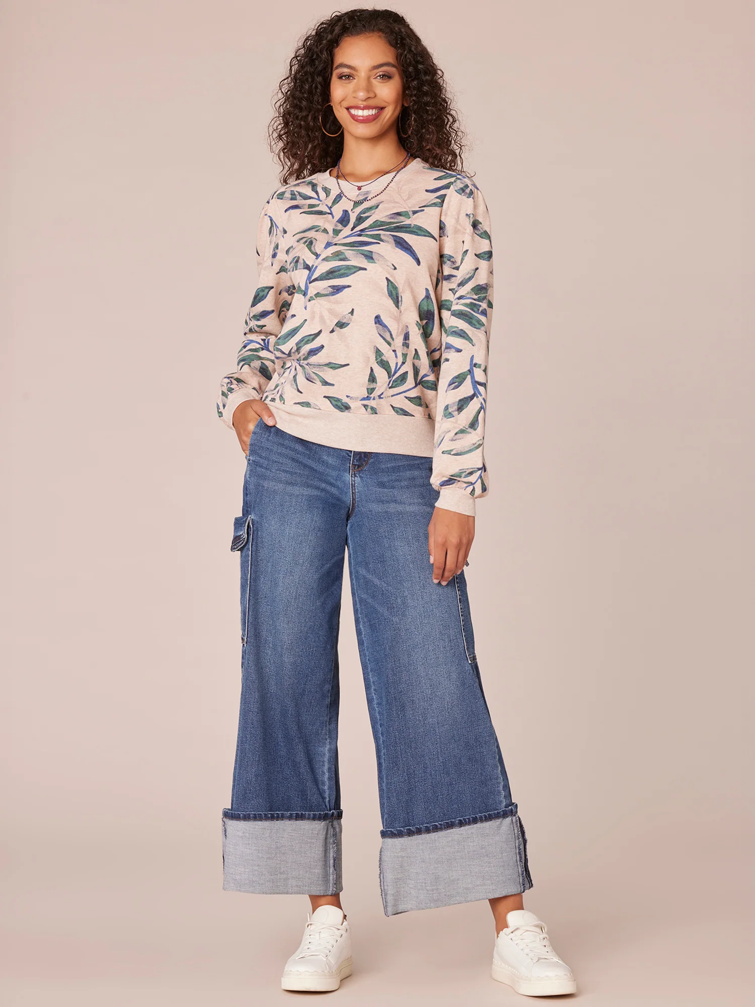 Long Sleeve Scoop Neck Shoulder Yoke Printed Knit Sweatshirt - Legahigh