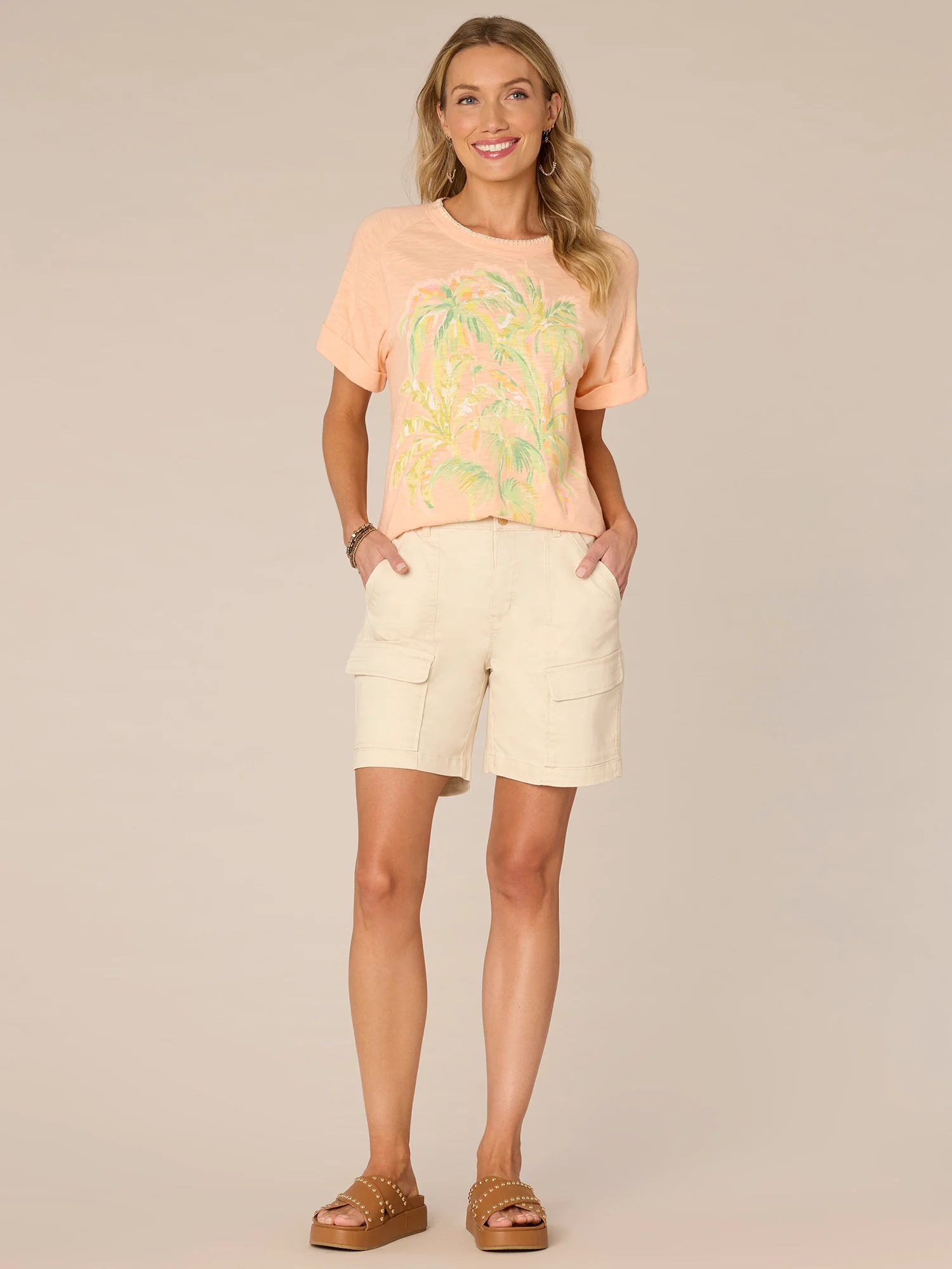 Roll Cuff Embroidered Scoop Neck Palm Tree Petite Knit Boyfriend Tee - Legahigh