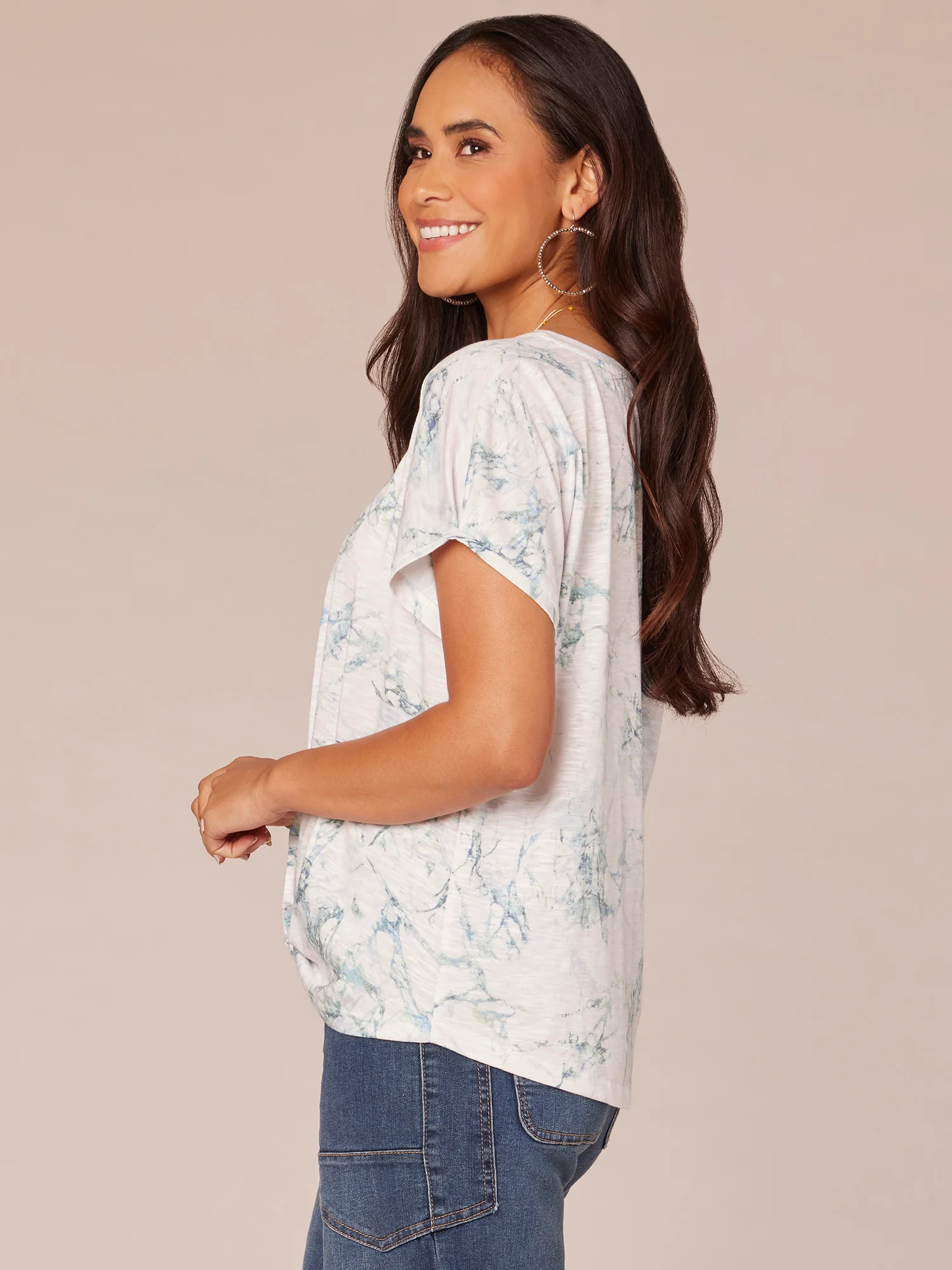 Petite Short Sleeve Scoop Neck Twist Hem Printed Knit Top - Legahigh