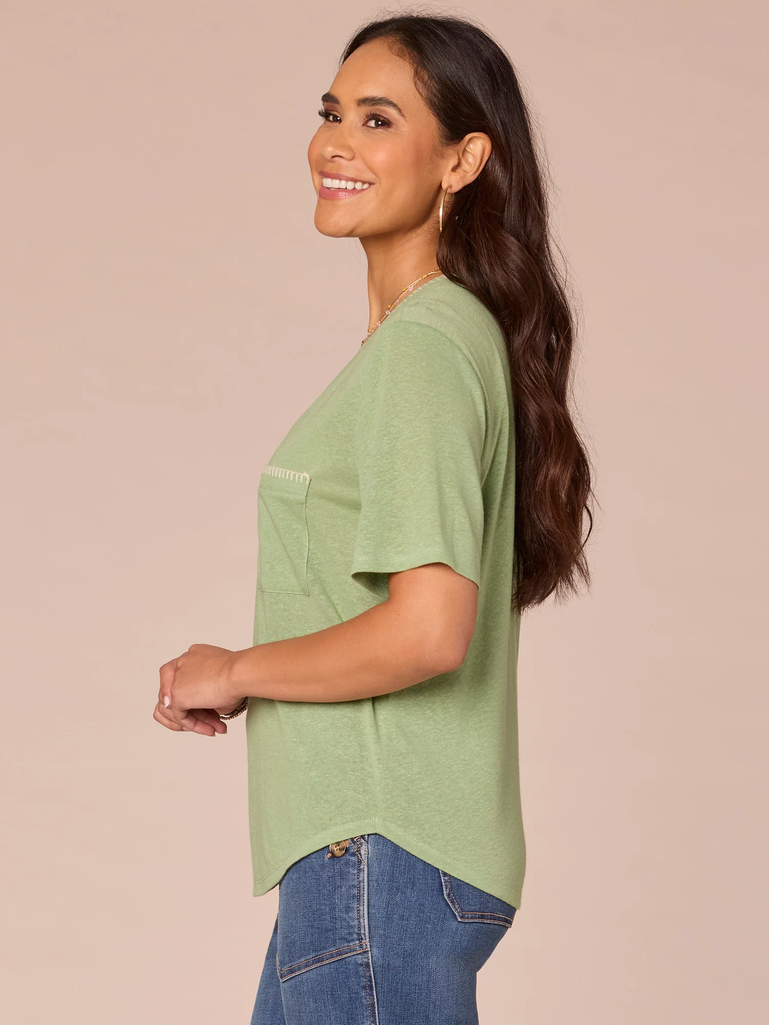 Short Sleeve V-Neck Contrast Blanket Stitch Pocket Knit Top - Legahigh