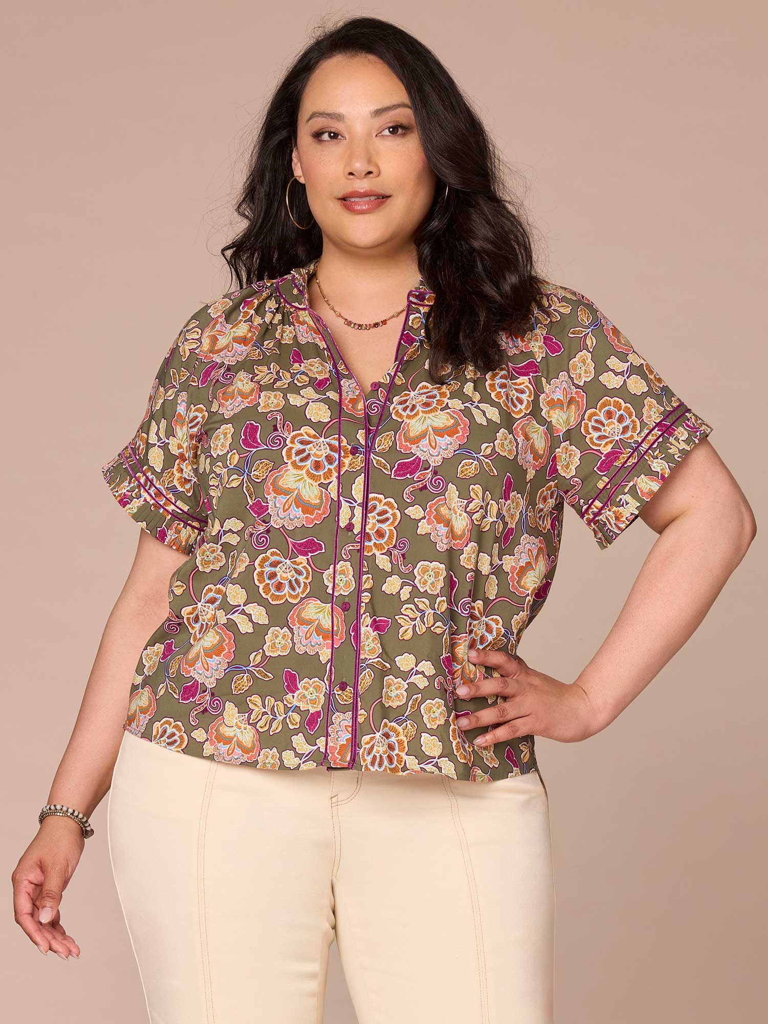 Short Sleeve Collared Button Front Floral Print Plus Size Woven Top - Legahigh