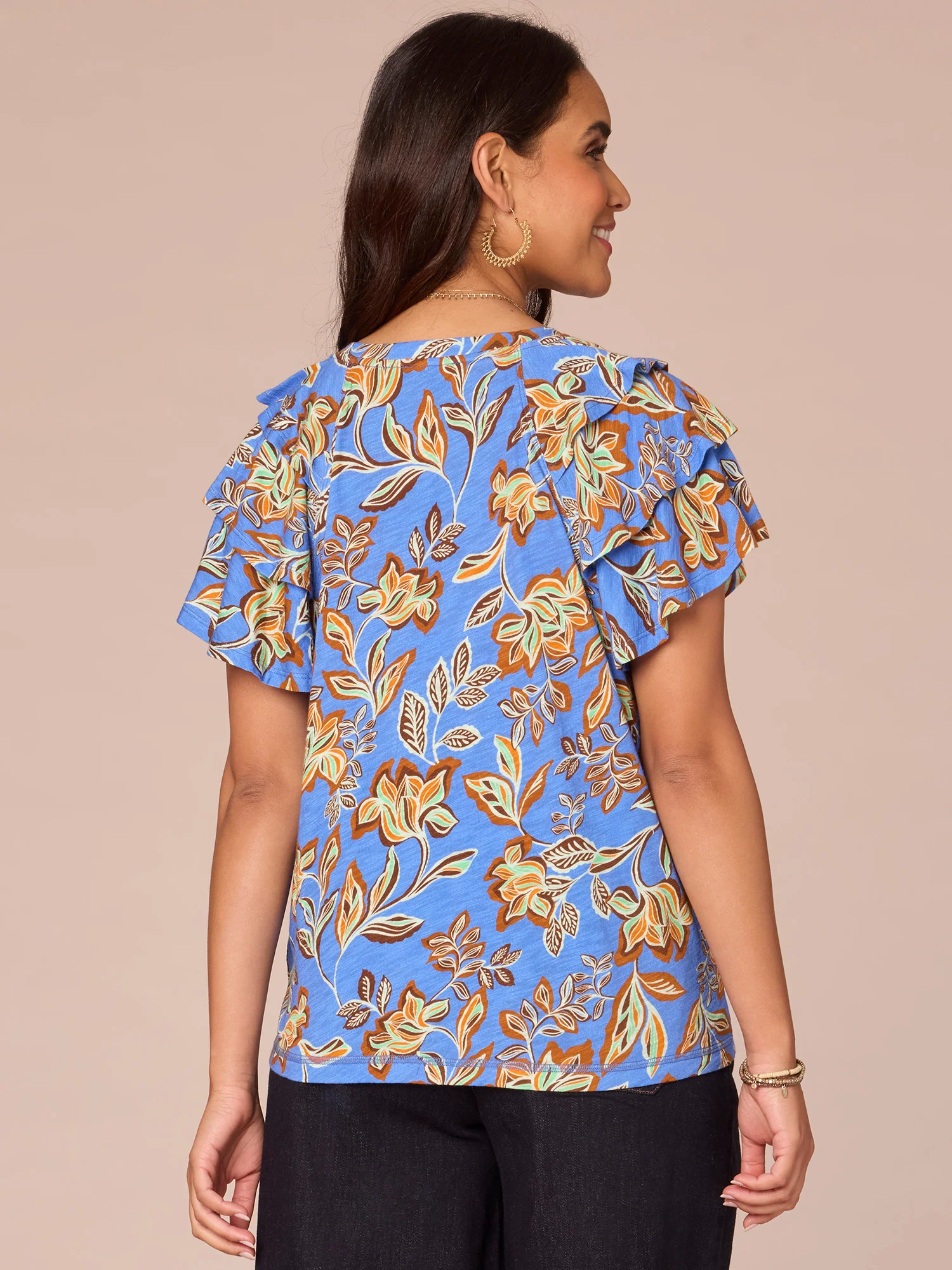 Short Three Tiered Bell Sleeve V-Neck Printed Knit Top - Legahigh