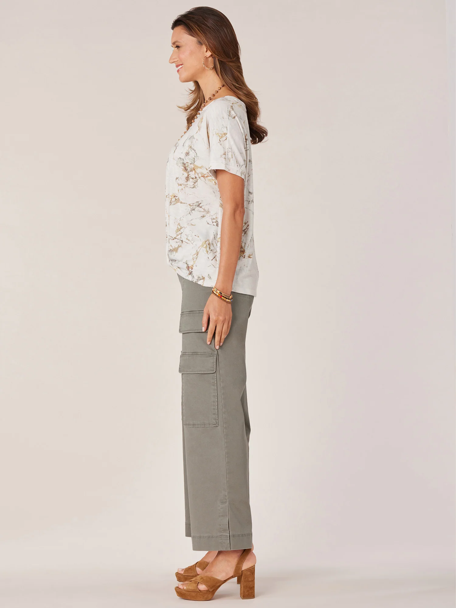 Short Pleated Sleeve Scoop Neck Marble Print Knit Top with Twist Hem - Legahigh